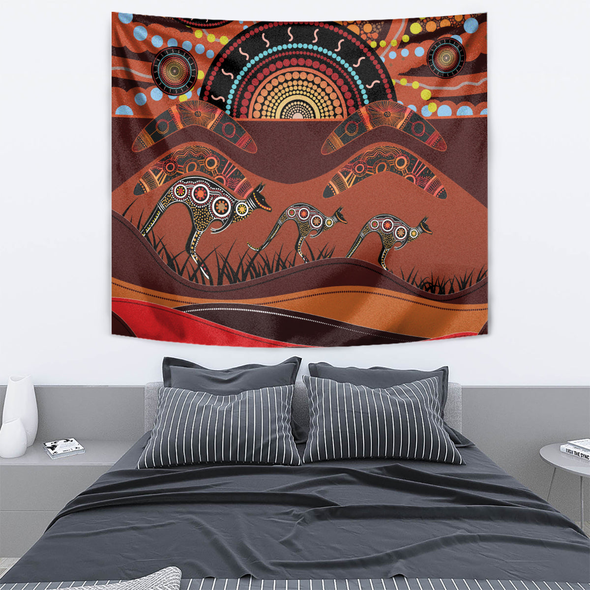 Bomerang and Kangaroo Aboriginal Art Tapestry - Vibe Hoodie Shop