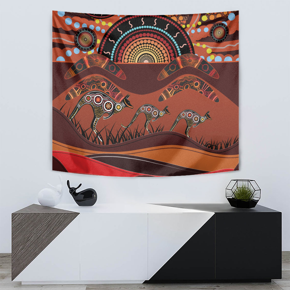 Bomerang and Kangaroo Aboriginal Art Tapestry - Vibe Hoodie Shop