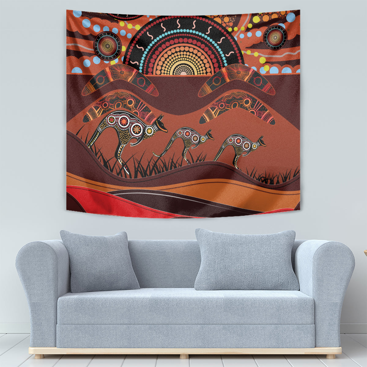 Bomerang and Kangaroo Aboriginal Art Tapestry - Vibe Hoodie Shop