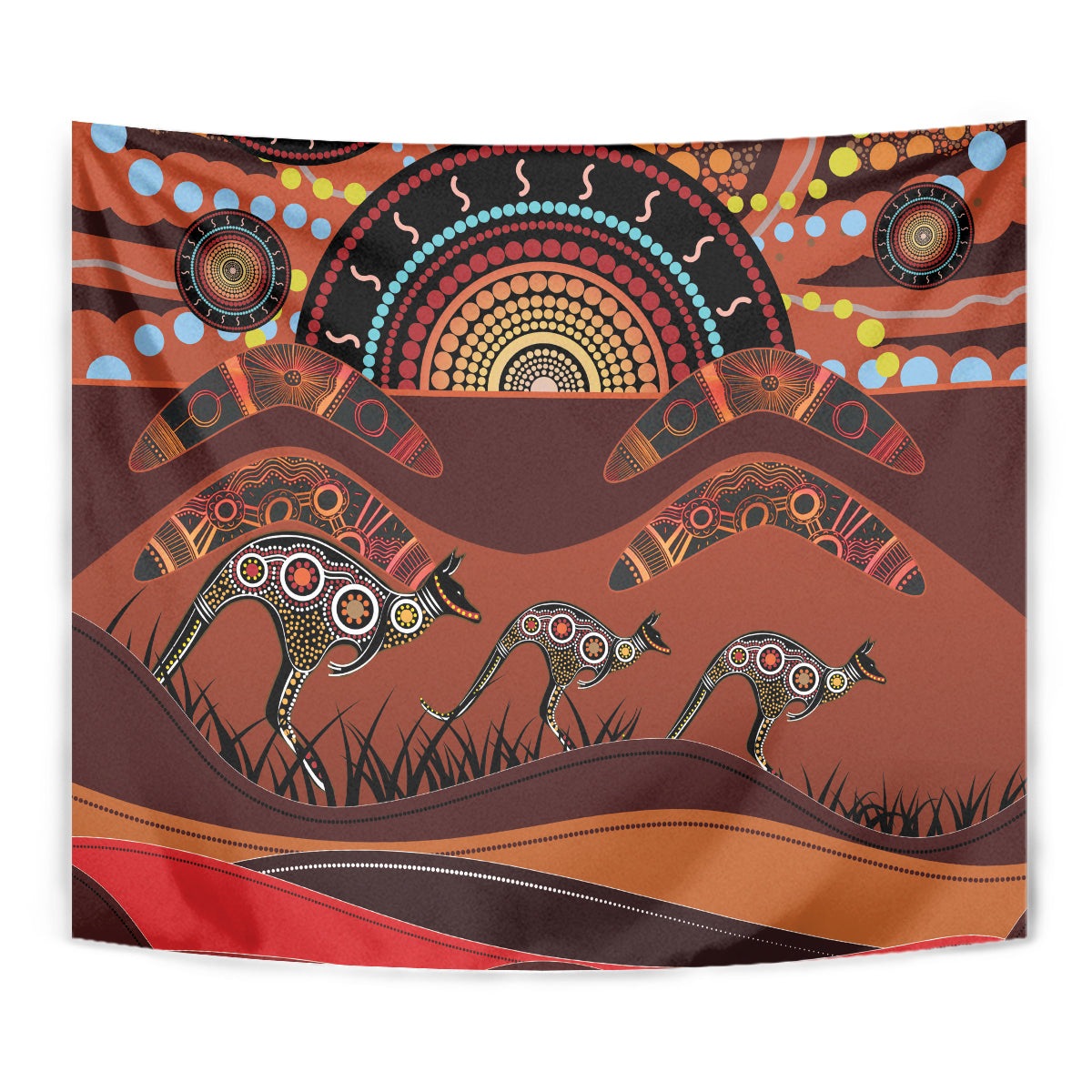 Bomerang and Kangaroo Aboriginal Art Tapestry - Vibe Hoodie Shop