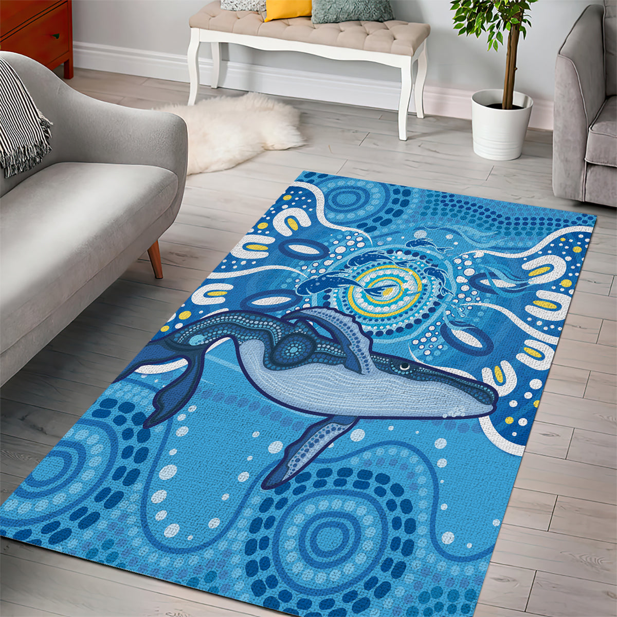 Whale In The Ocean Aboriginal Dot Art Area Rug No1 - Vibe Hoodie Shop