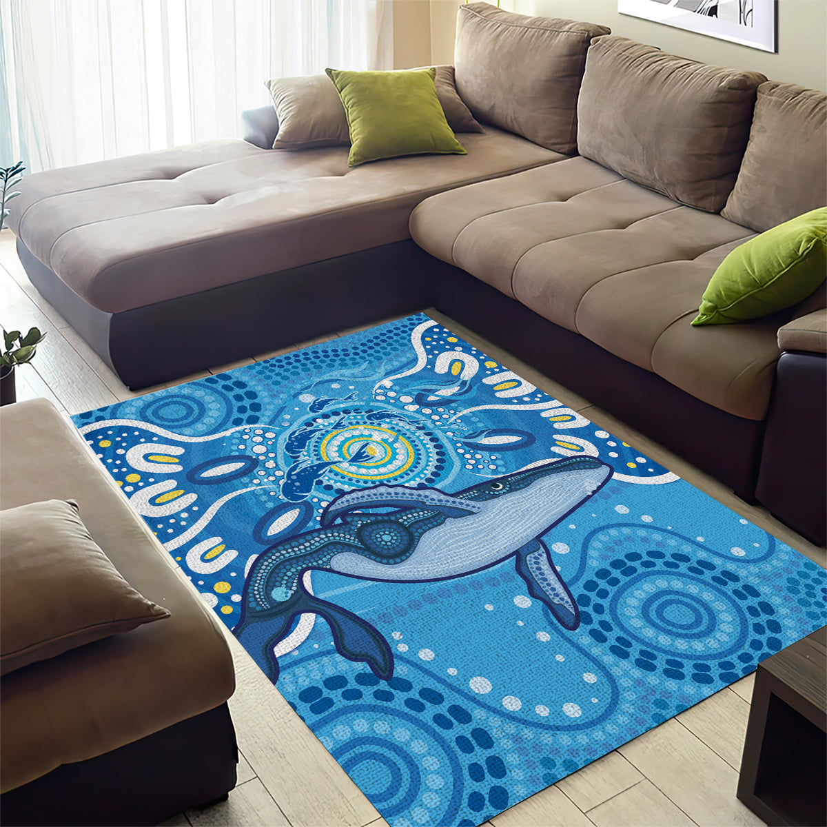 Whale In The Ocean Aboriginal Dot Art Area Rug No1 - Vibe Hoodie Shop