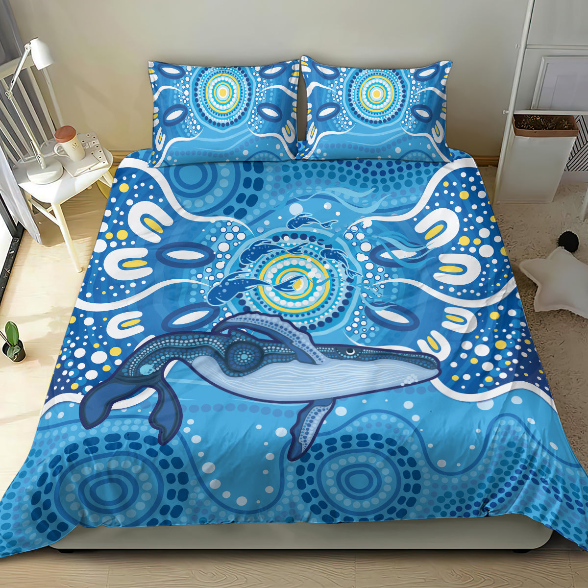 Whale In The Ocean Aboriginal Dot Art Bedding Set No1 - Vibe Hoodie Shop