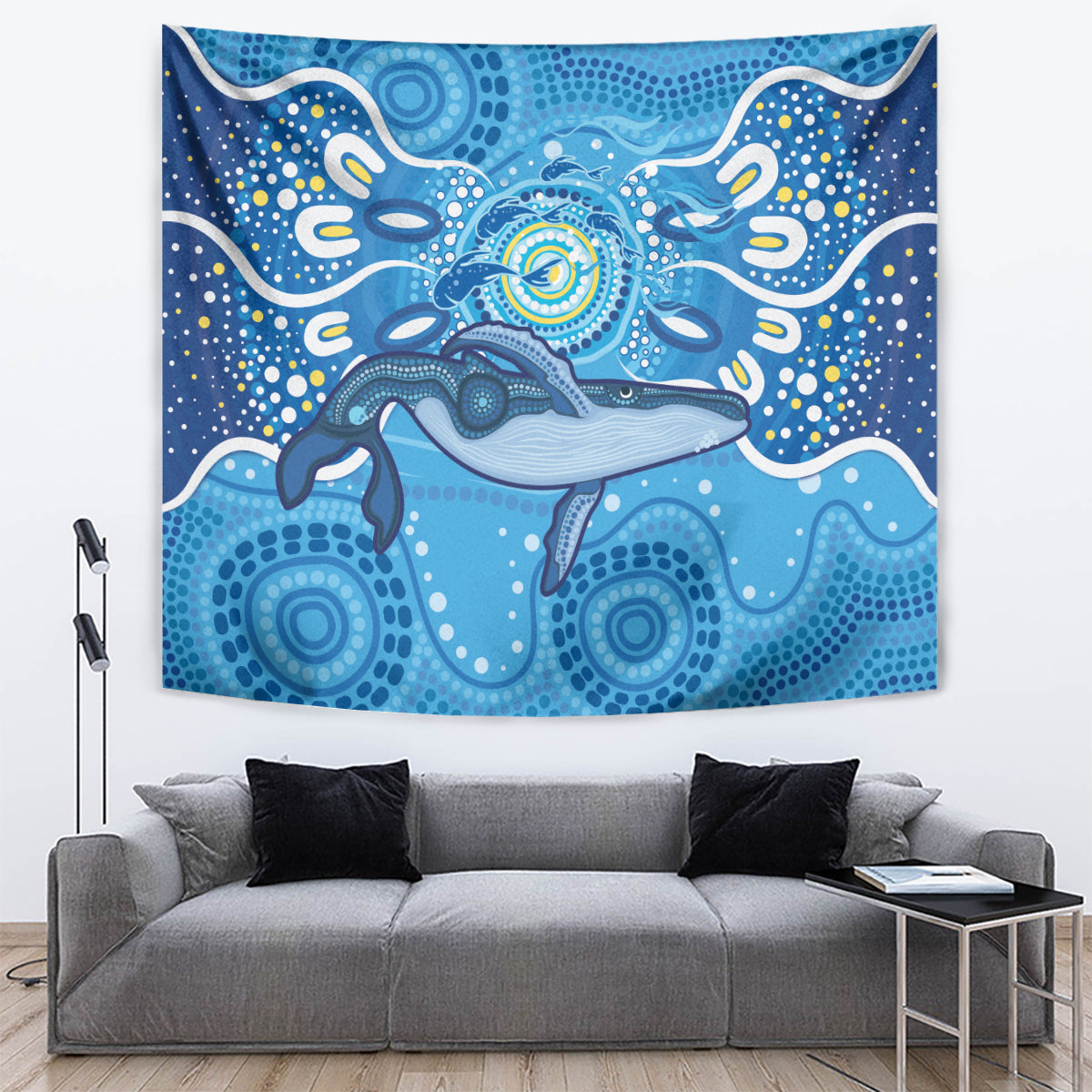 Whale In The Ocean Aboriginal Dot Art Tapestry No1 - Vibe Hoodie Shop