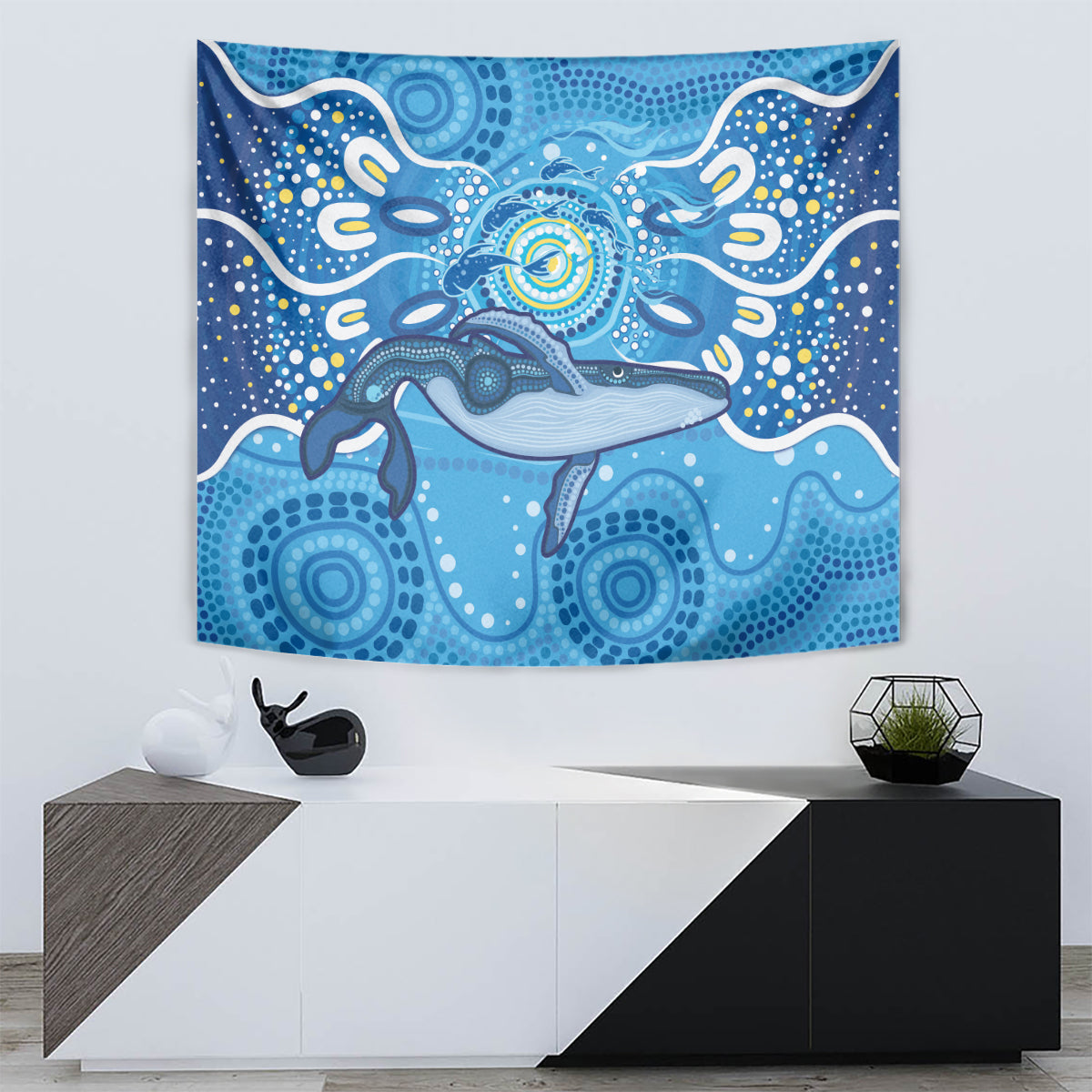 Whale In The Ocean Aboriginal Dot Art Tapestry No1 - Vibe Hoodie Shop