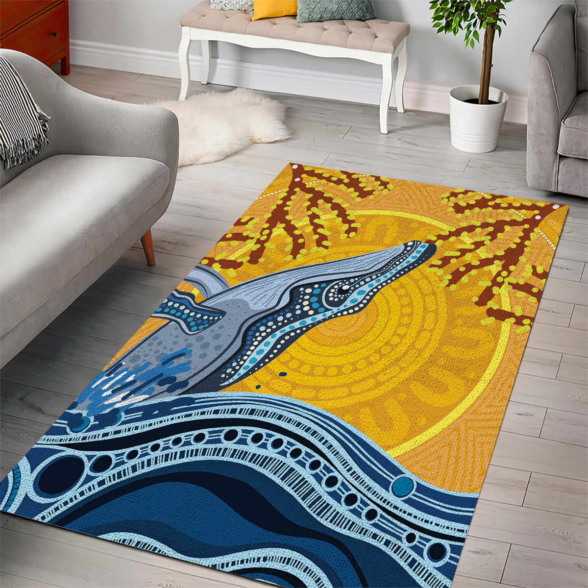 Whale In The Ocean Aboriginal Dot Art Area Rug No2 - Vibe Hoodie Shop