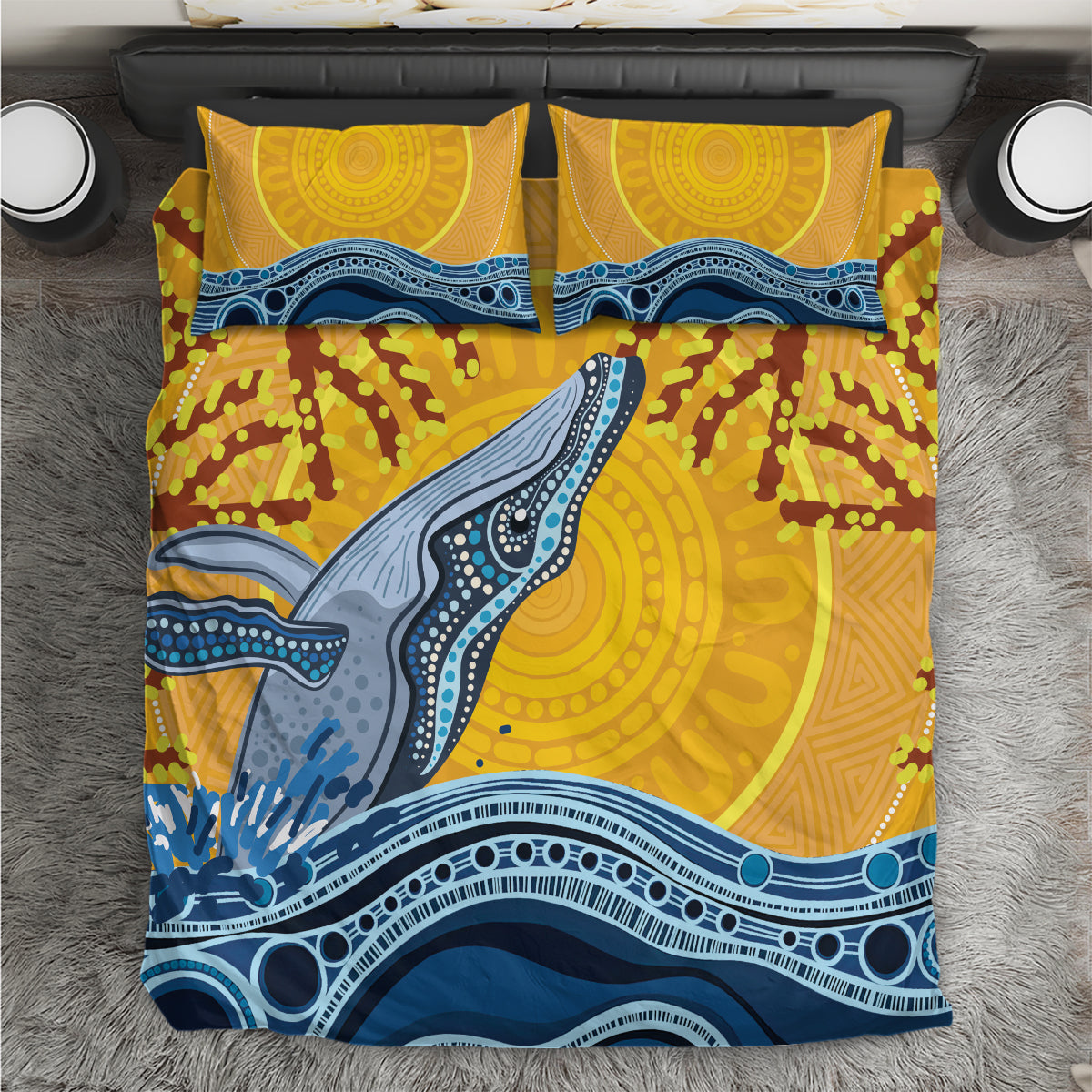 Whale In The Ocean Aboriginal Dot Art Bedding Set No2 - Vibe Hoodie Shop