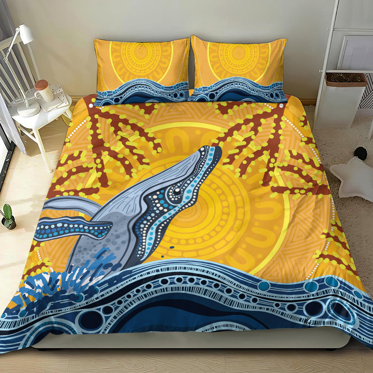 Whale In The Ocean Aboriginal Dot Art Bedding Set No2 - Vibe Hoodie Shop