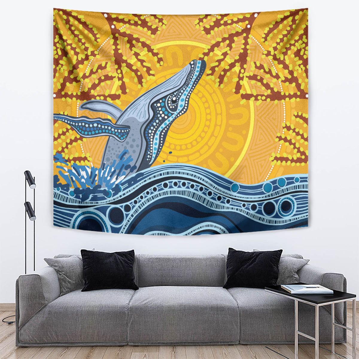 Whale In The Ocean Aboriginal Dot Art Tapestry No2 - Vibe Hoodie Shop