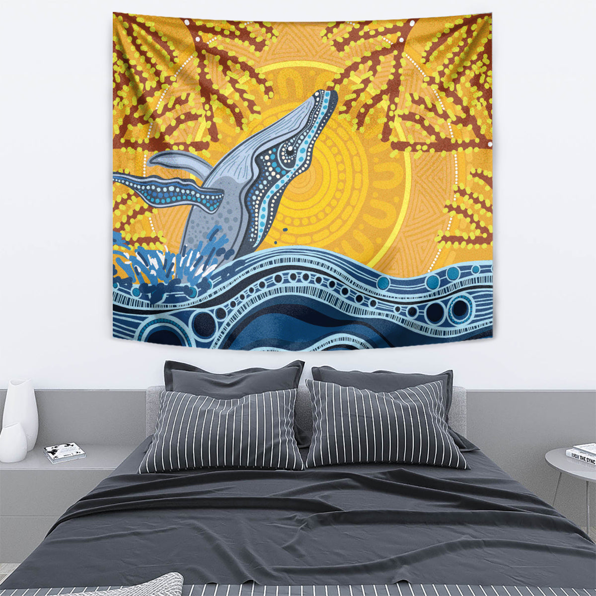 Whale In The Ocean Aboriginal Dot Art Tapestry No2 - Vibe Hoodie Shop