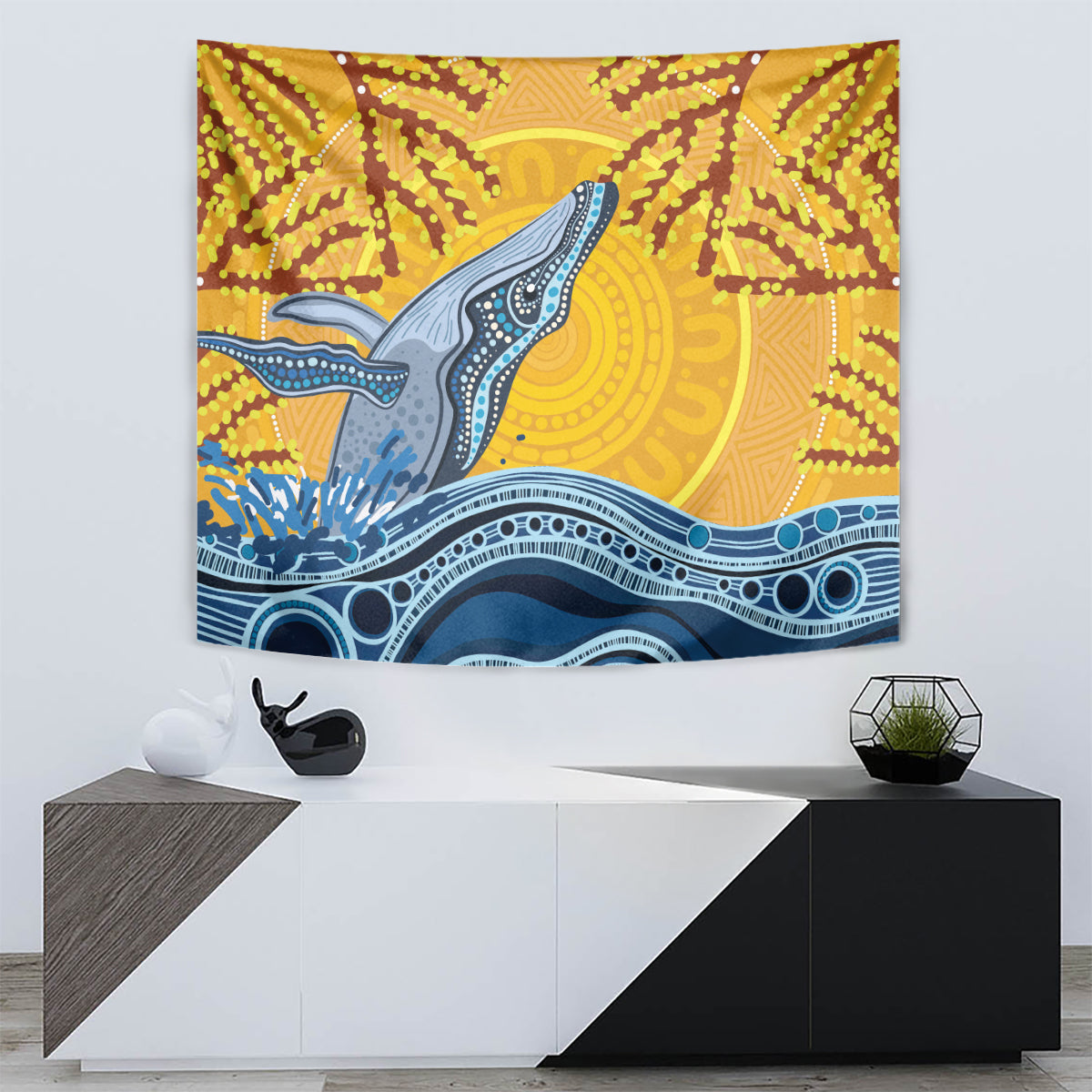 Whale In The Ocean Aboriginal Dot Art Tapestry No2 - Vibe Hoodie Shop