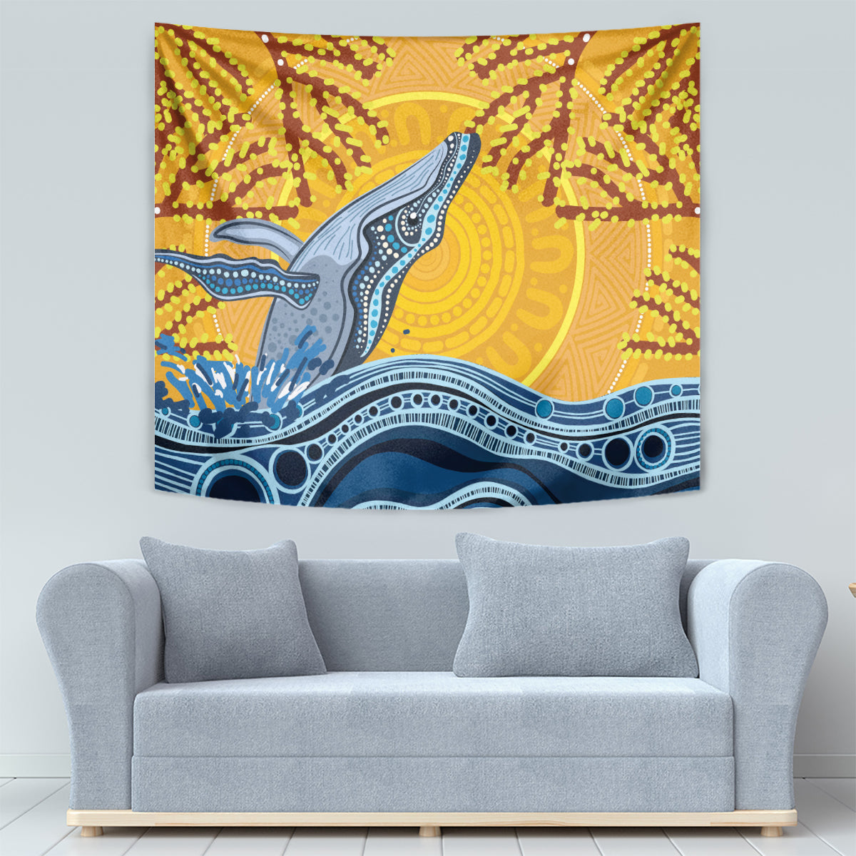 Whale In The Ocean Aboriginal Dot Art Tapestry No2 - Vibe Hoodie Shop