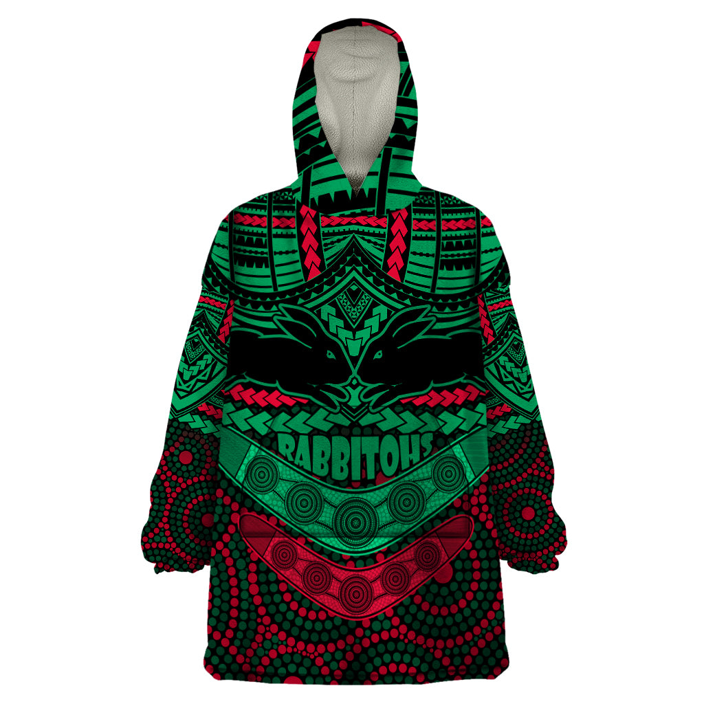 Rabbitohs Rugby Wearable Blanket Hoodie Polynesian and Aboriginal Special Version - Vibe Hoodie Shop