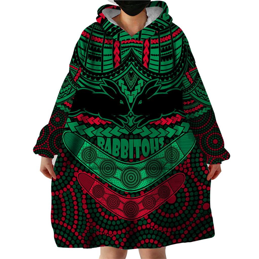 Rabbitohs Rugby Wearable Blanket Hoodie Polynesian and Aboriginal Special Version - Vibe Hoodie Shop