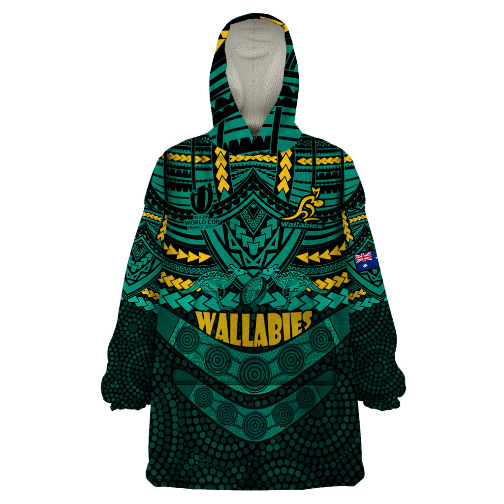 Wallabies Rugby Wearable Blanket Hoodie Polynesian and Aboriginal Special Green Version - Vibe Hoodie Shop