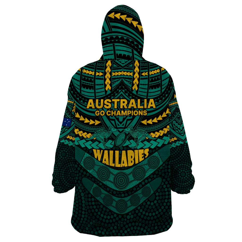 Wallabies Rugby Wearable Blanket Hoodie Polynesian and Aboriginal Special Green Version - Vibe Hoodie Shop