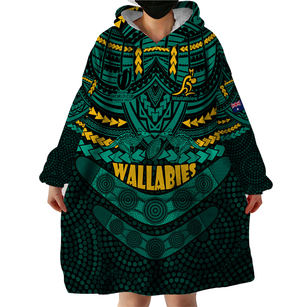 Wallabies Rugby Wearable Blanket Hoodie Polynesian and Aboriginal Special Green Version - Vibe Hoodie Shop