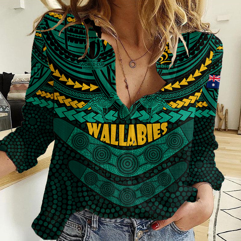 Wallabies Rugby Women Casual Shirt Polynesian and Aboriginal Special Green Version - Vibe Hoodie Shop