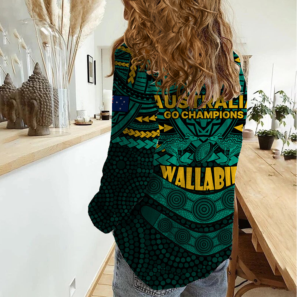 Wallabies Rugby Women Casual Shirt Polynesian and Aboriginal Special Green Version - Vibe Hoodie Shop