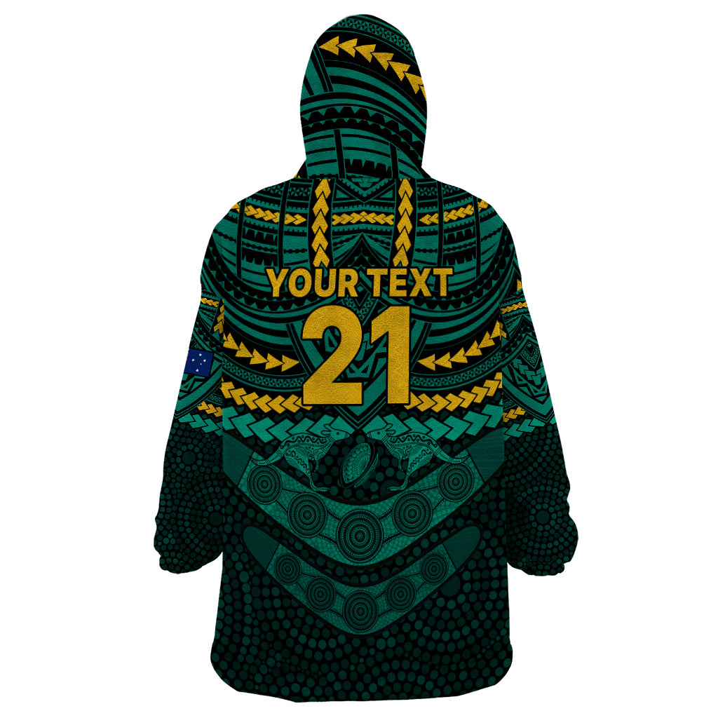 Custom Wallabies Rugby Wearable Blanket Hoodie Polynesian and Aboriginal Special Green Version - Vibe Hoodie Shop