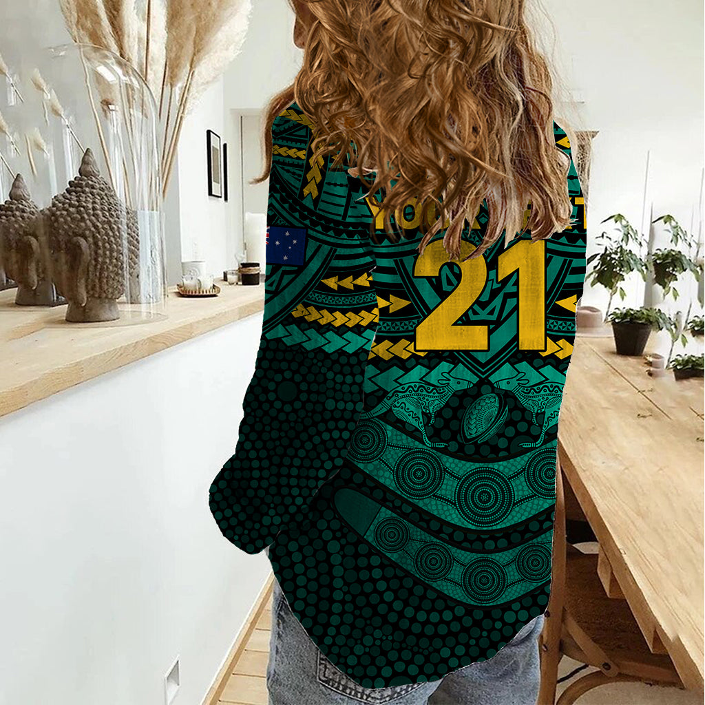 Custom Wallabies Rugby Women Casual Shirt Polynesian and Aboriginal Special Green Version - Vibe Hoodie Shop