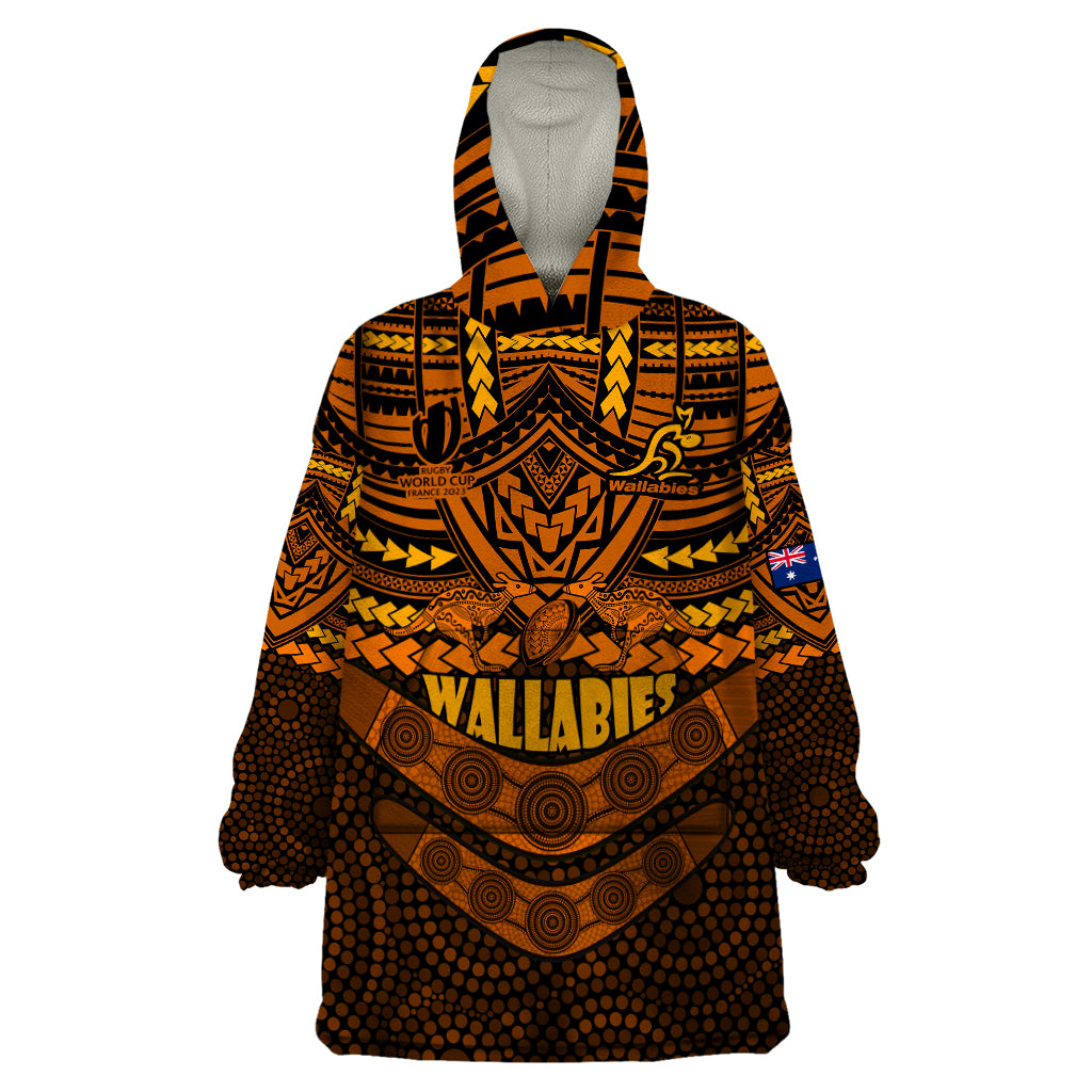 Wallabies Rugby Wearable Blanket Hoodie Polynesian and Aboriginal Special Orange Version - Vibe Hoodie Shop