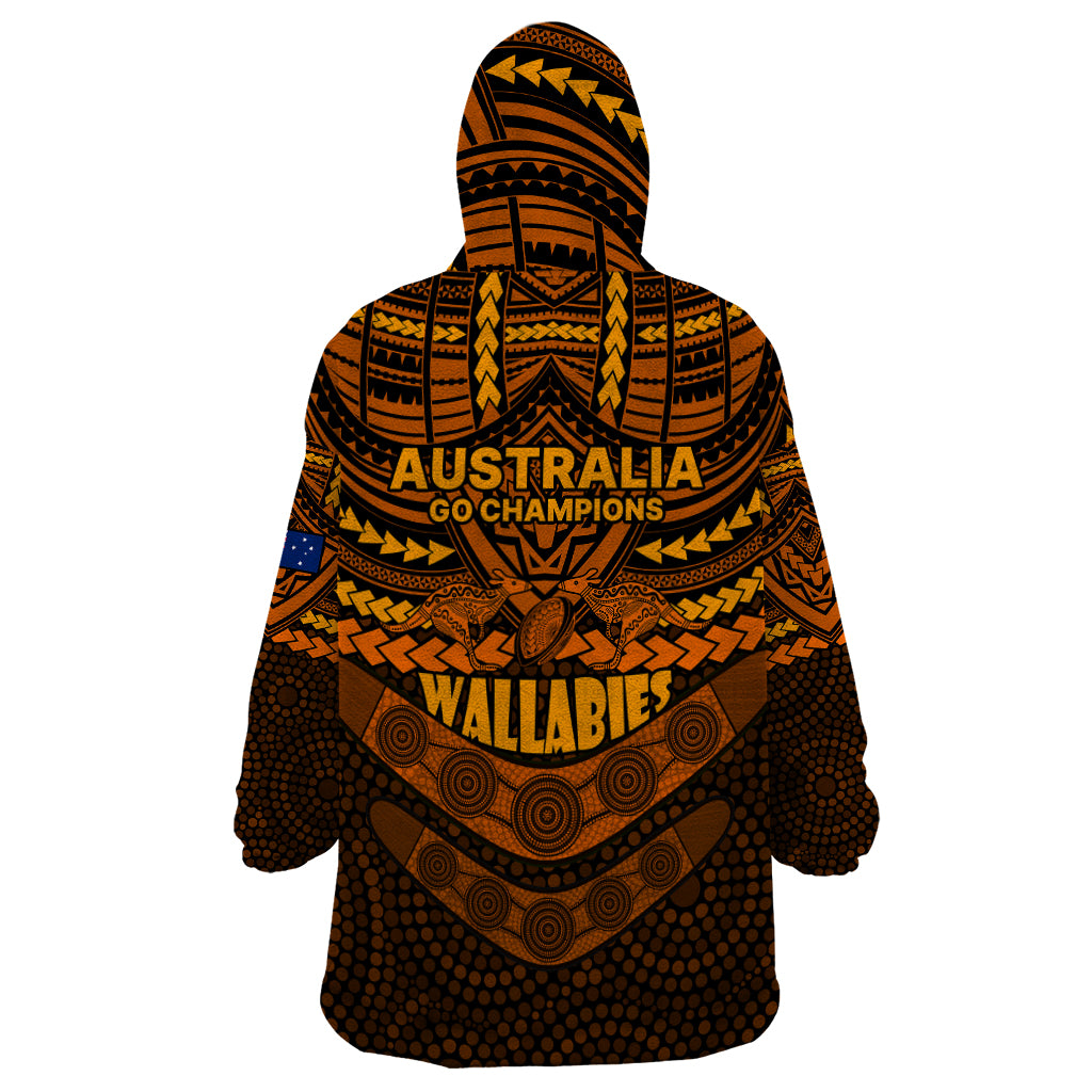 Wallabies Rugby Wearable Blanket Hoodie Polynesian and Aboriginal Special Orange Version - Vibe Hoodie Shop