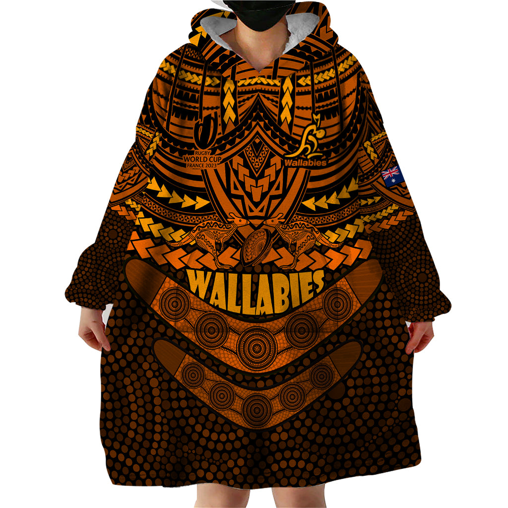 Wallabies Rugby Wearable Blanket Hoodie Polynesian and Aboriginal Special Orange Version - Vibe Hoodie Shop