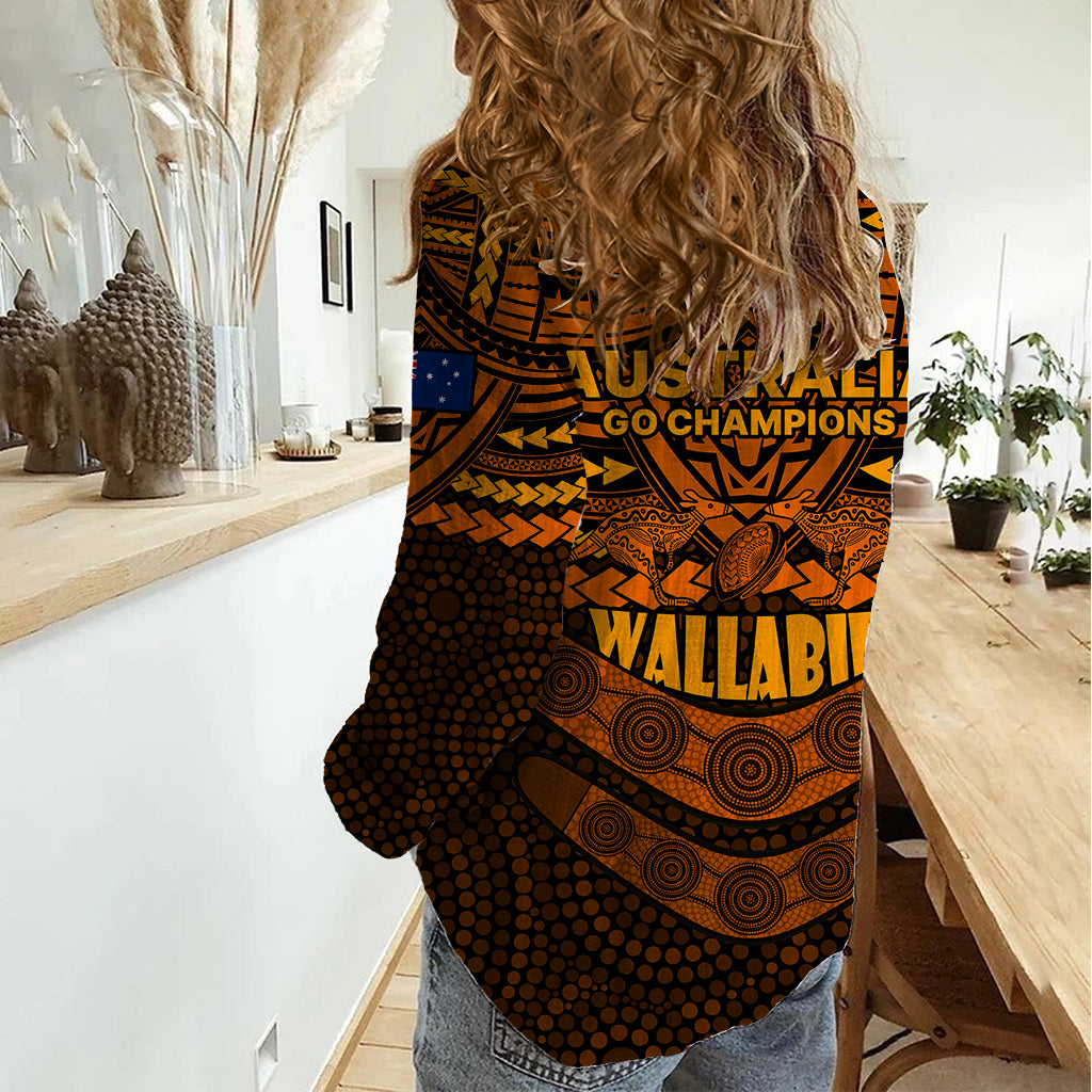 Wallabies Rugby Women Casual Shirt Polynesian and Aboriginal Special Orange Version - Vibe Hoodie Shop