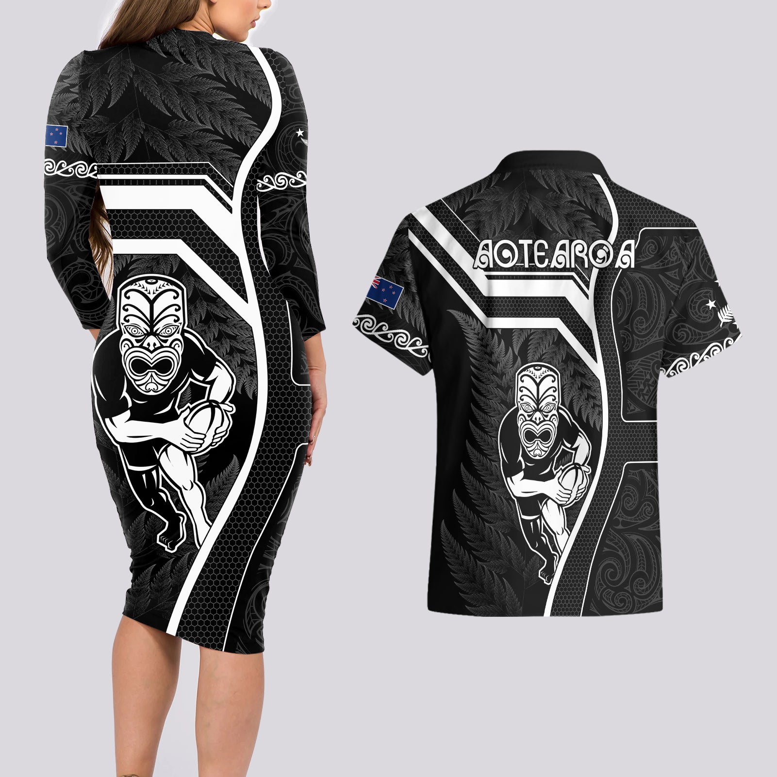 new-zealand-aotearoa-rugby-couples-matching-long-sleeve-bodycon-dress-and-hawaiian-shirt-black-fern-maori-tribal-sporty-style