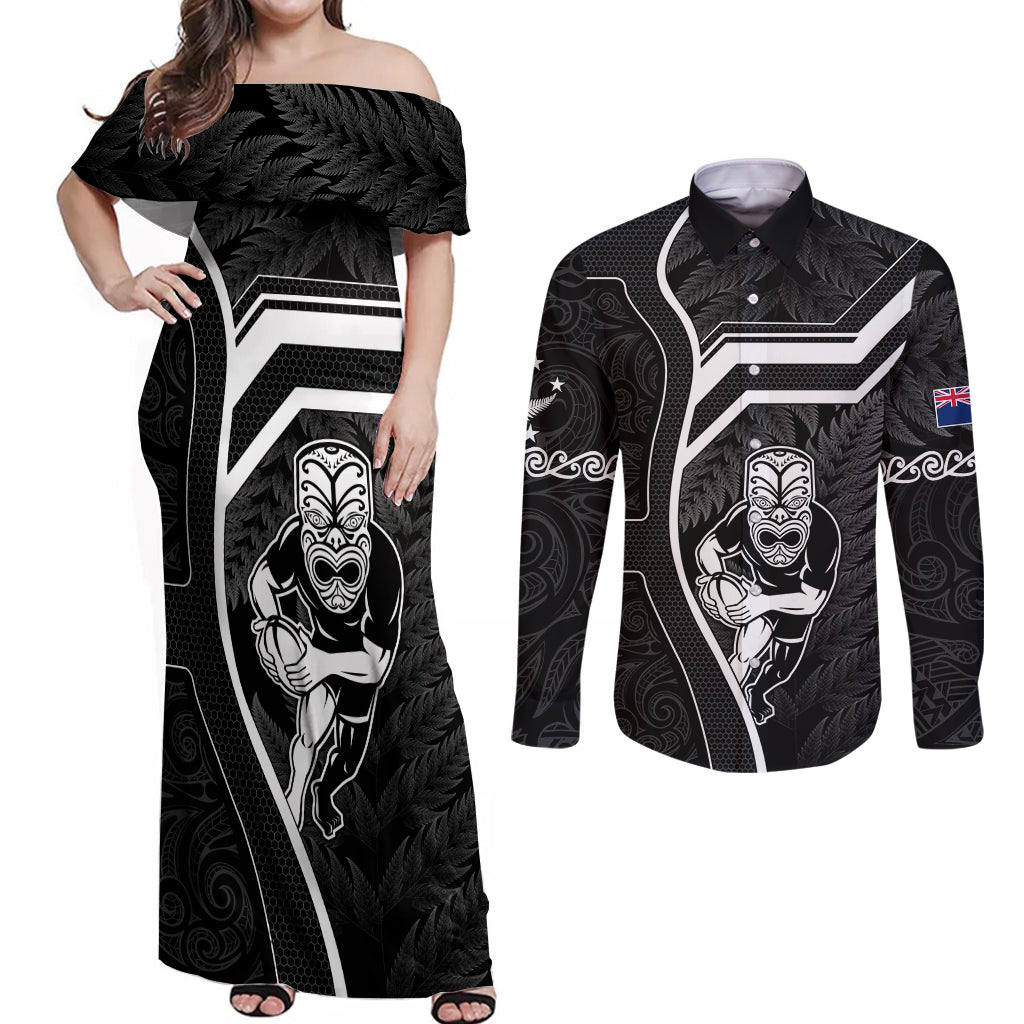 new-zealand-aotearoa-rugby-couples-matching-off-shoulder-maxi-dress-and-long-sleeve-button-shirts-black-fern-maori-tribal-sporty-style