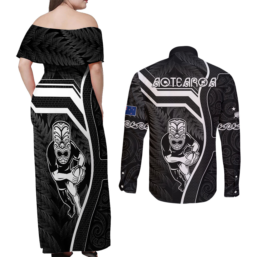 new-zealand-aotearoa-rugby-couples-matching-off-shoulder-maxi-dress-and-long-sleeve-button-shirts-black-fern-maori-tribal-sporty-style