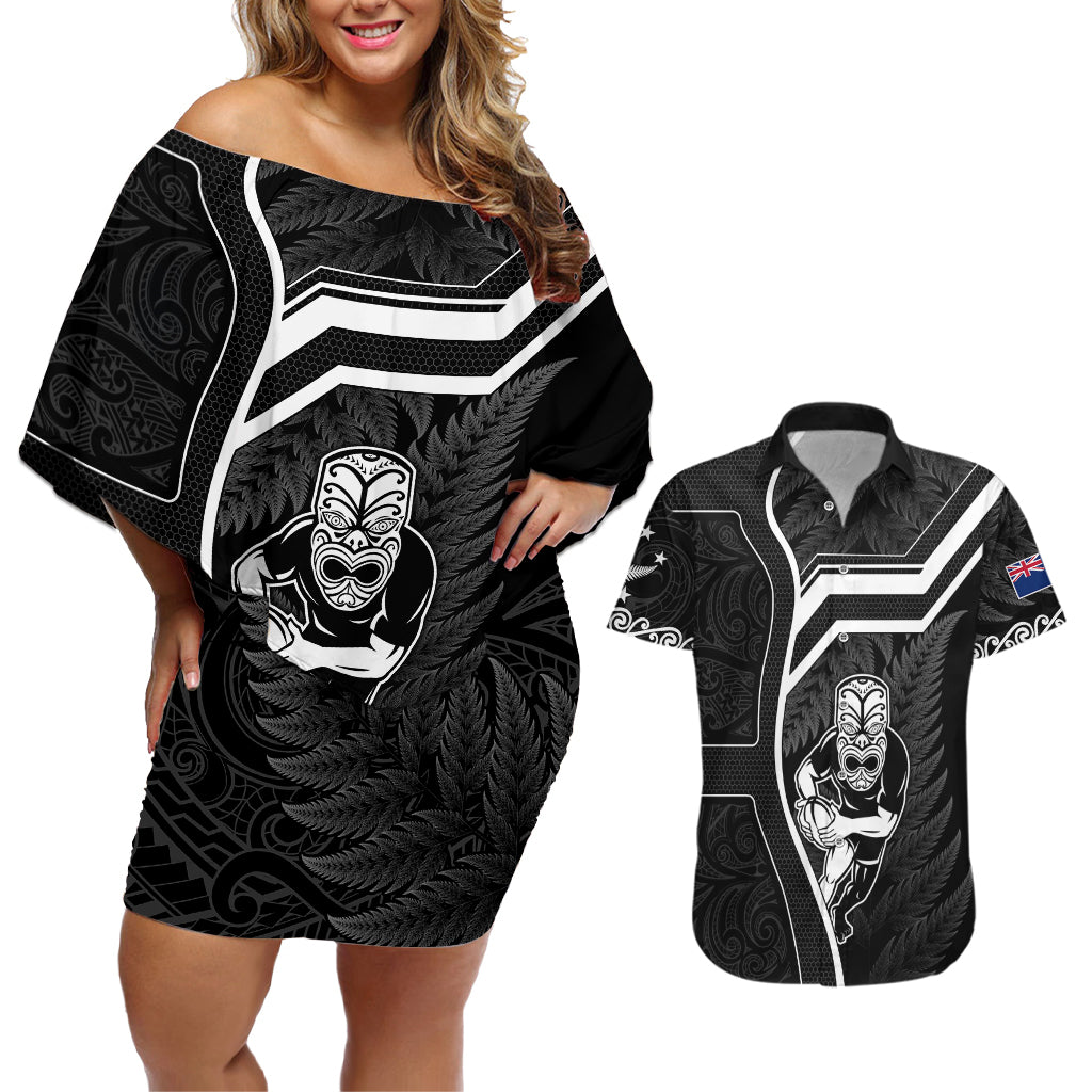 new-zealand-aotearoa-rugby-couples-matching-off-shoulder-short-dress-and-hawaiian-shirt-black-fern-maori-tribal-sporty-style