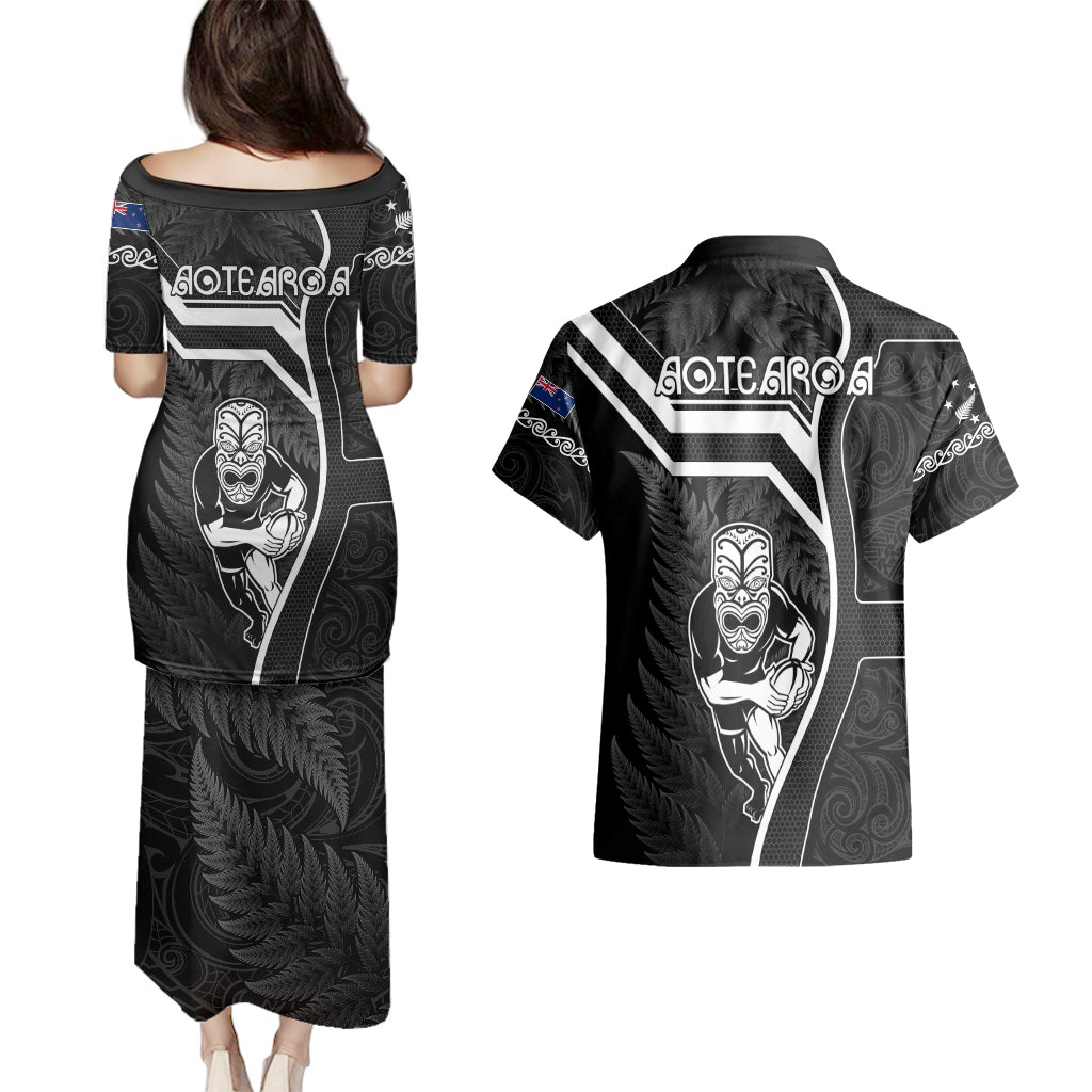 new-zealand-aotearoa-rugby-couples-matching-puletasi-dress-and-hawaiian-shirt-black-fern-maori-tribal-sporty-style