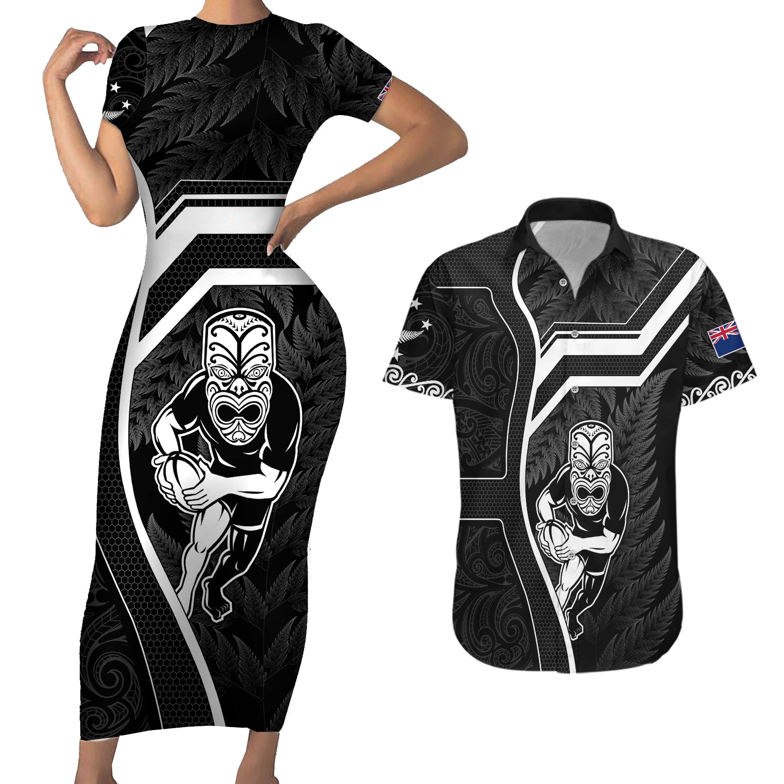 new-zealand-aotearoa-rugby-couples-matching-short-sleeve-bodycon-dress-and-hawaiian-shirt-black-fern-maori-tribal-sporty-style