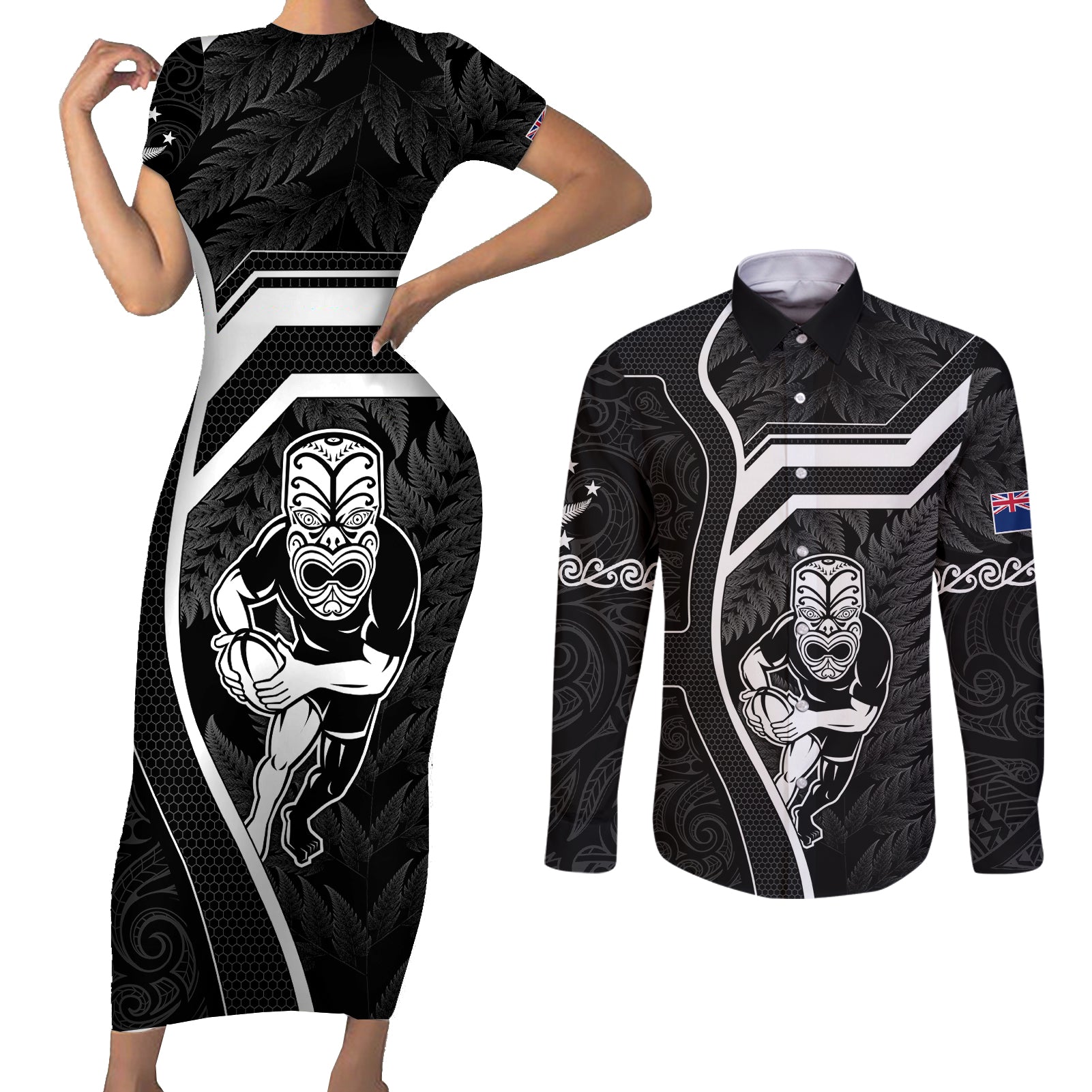 new-zealand-aotearoa-rugby-couples-matching-short-sleeve-bodycon-dress-and-long-sleeve-button-shirts-black-fern-maori-tribal-sporty-style