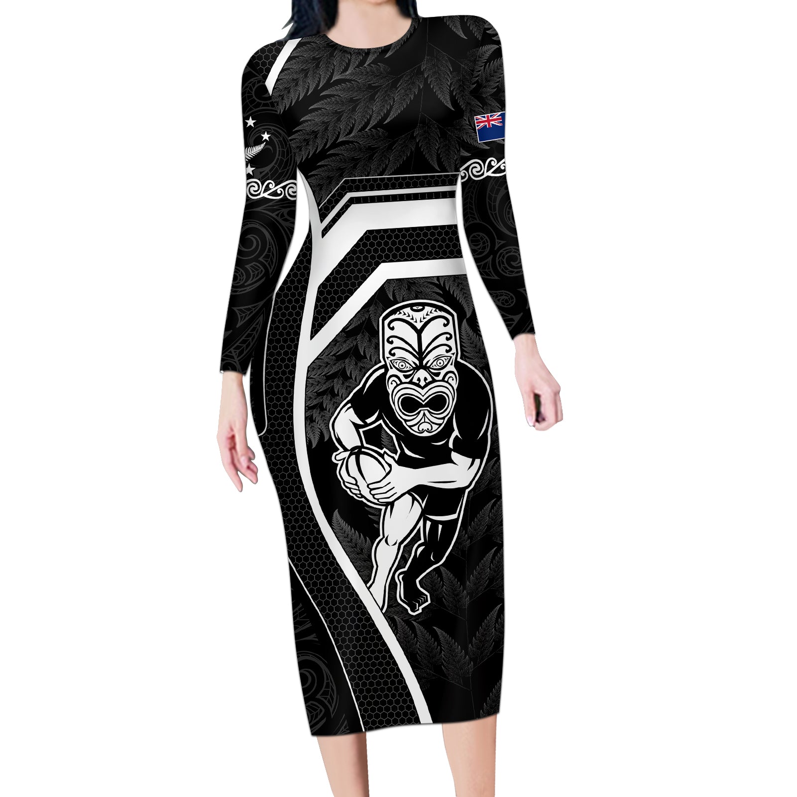 new-zealand-aotearoa-rugby-long-sleeve-bodycon-dress-black-fern-maori-tribal-sporty-style