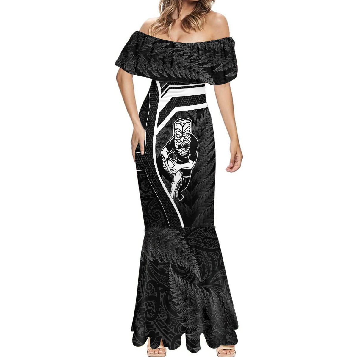 new-zealand-aotearoa-rugby-mermaid-dress-black-fern-maori-tribal-sporty-style