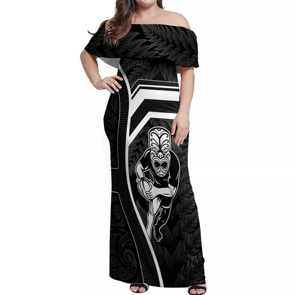 New Zealand Aotearoa Rugby Off Shoulder Maxi Dress Black Fern Maori Tribal Sporty Style - Vibe Hoodie Shop