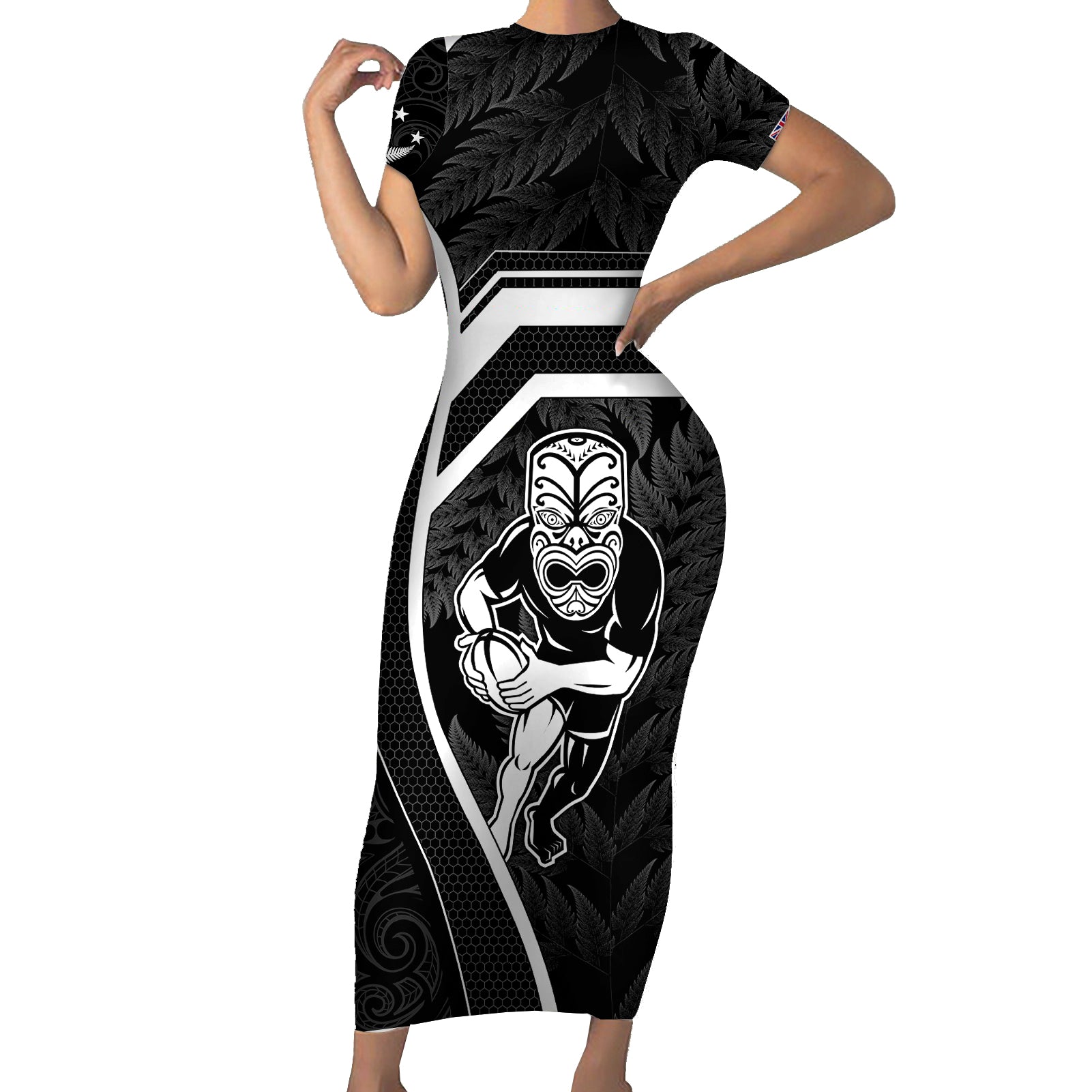 new-zealand-aotearoa-rugby-short-sleeve-bodycon-dress-black-fern-maori-tribal-sporty-style