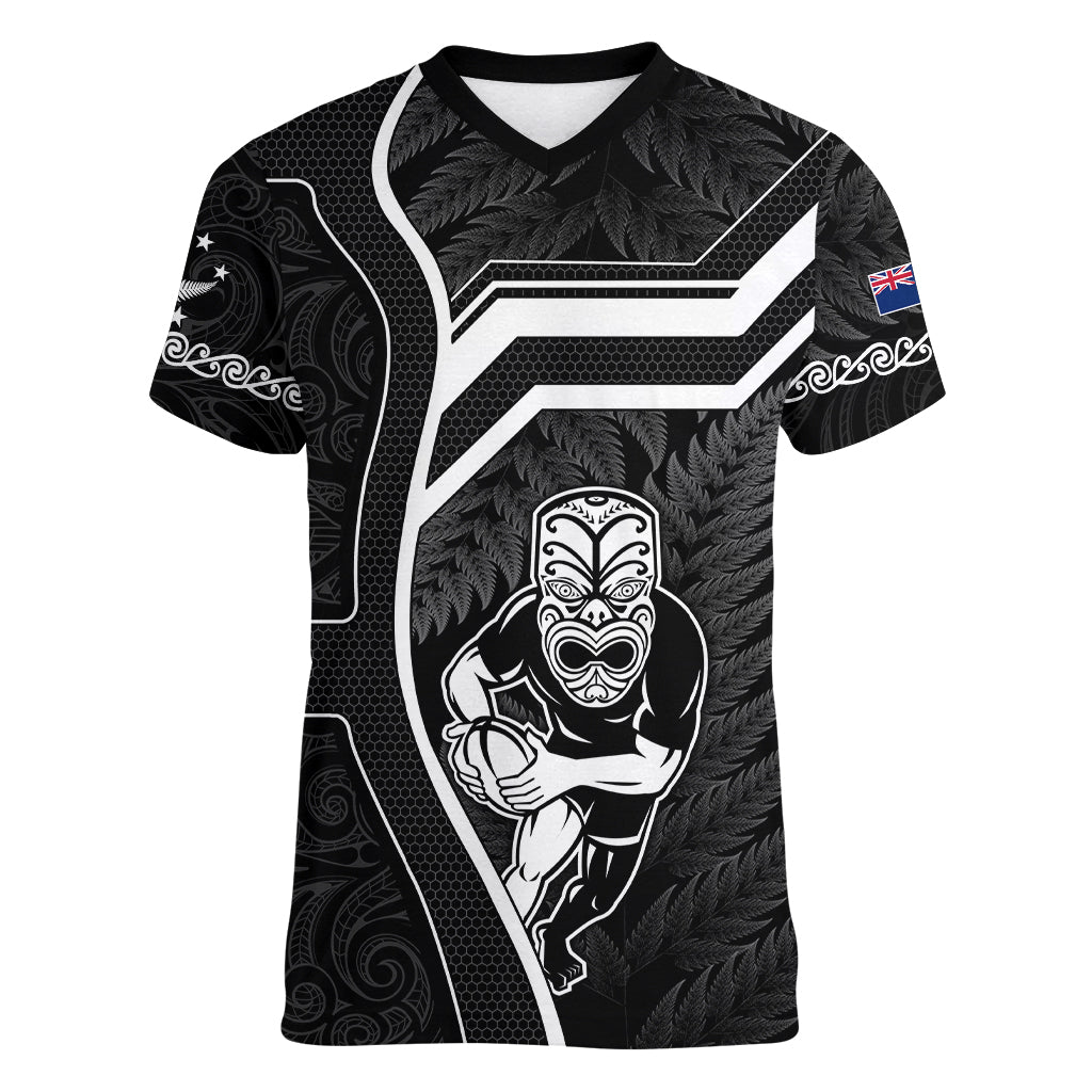 New Zealand Aotearoa Rugby Women V Neck T Shirt Black Fern Maori Tribal Sporty Style - Vibe Hoodie Shop