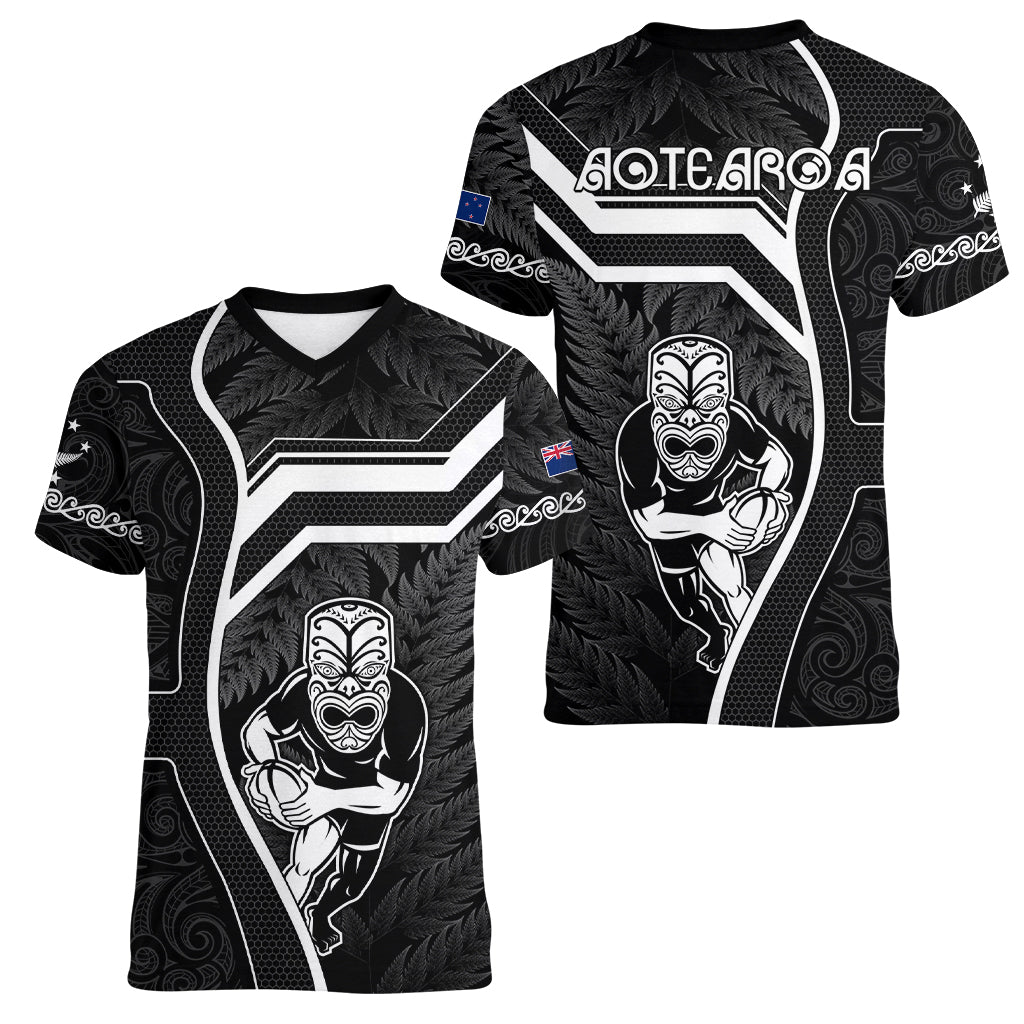 New Zealand Aotearoa Rugby Women V Neck T Shirt Black Fern Maori Tribal Sporty Style - Vibe Hoodie Shop