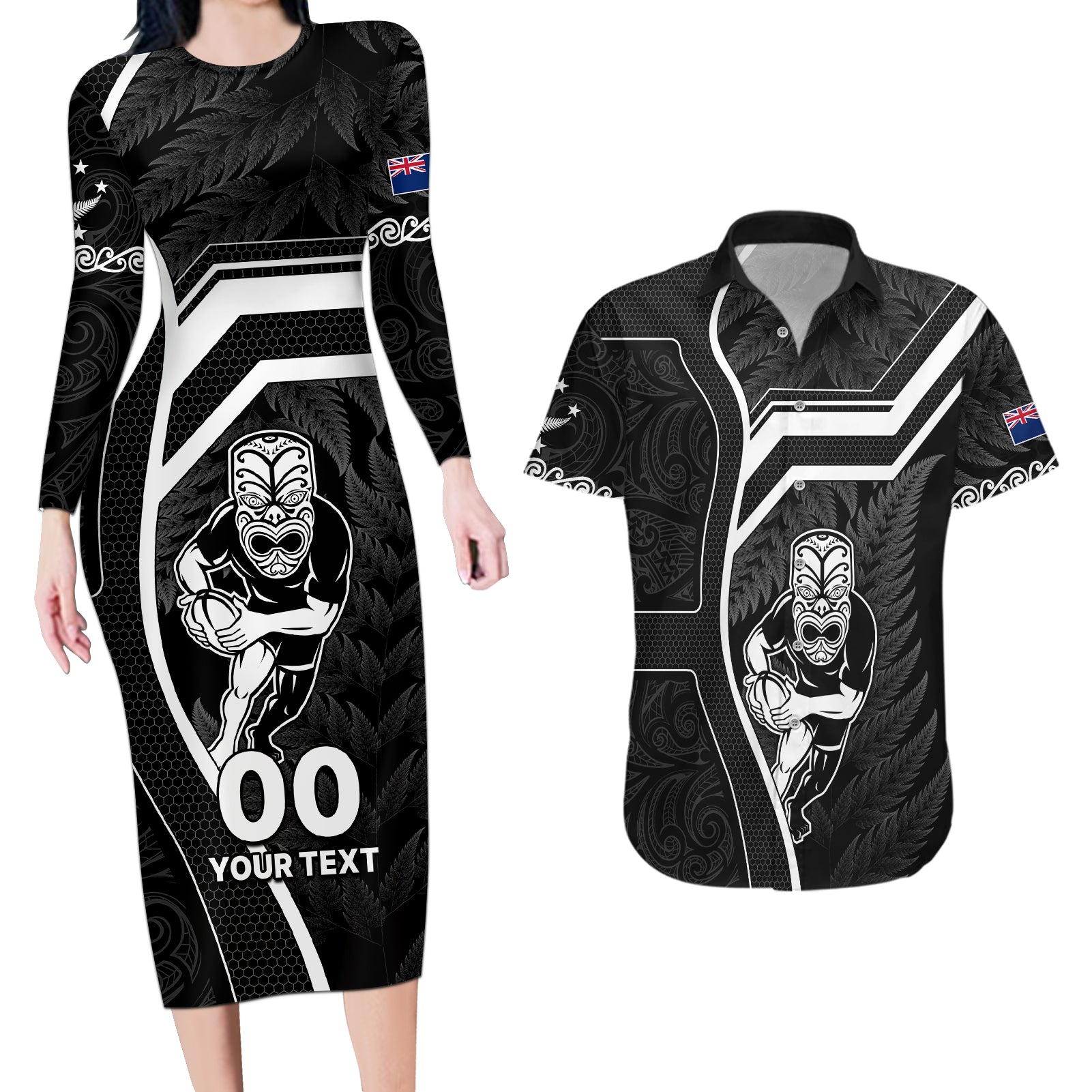 custom-new-zealand-aotearoa-rugby-couples-matching-long-sleeve-bodycon-dress-and-hawaiian-shirt-black-fern-maori-tribal-sporty-style