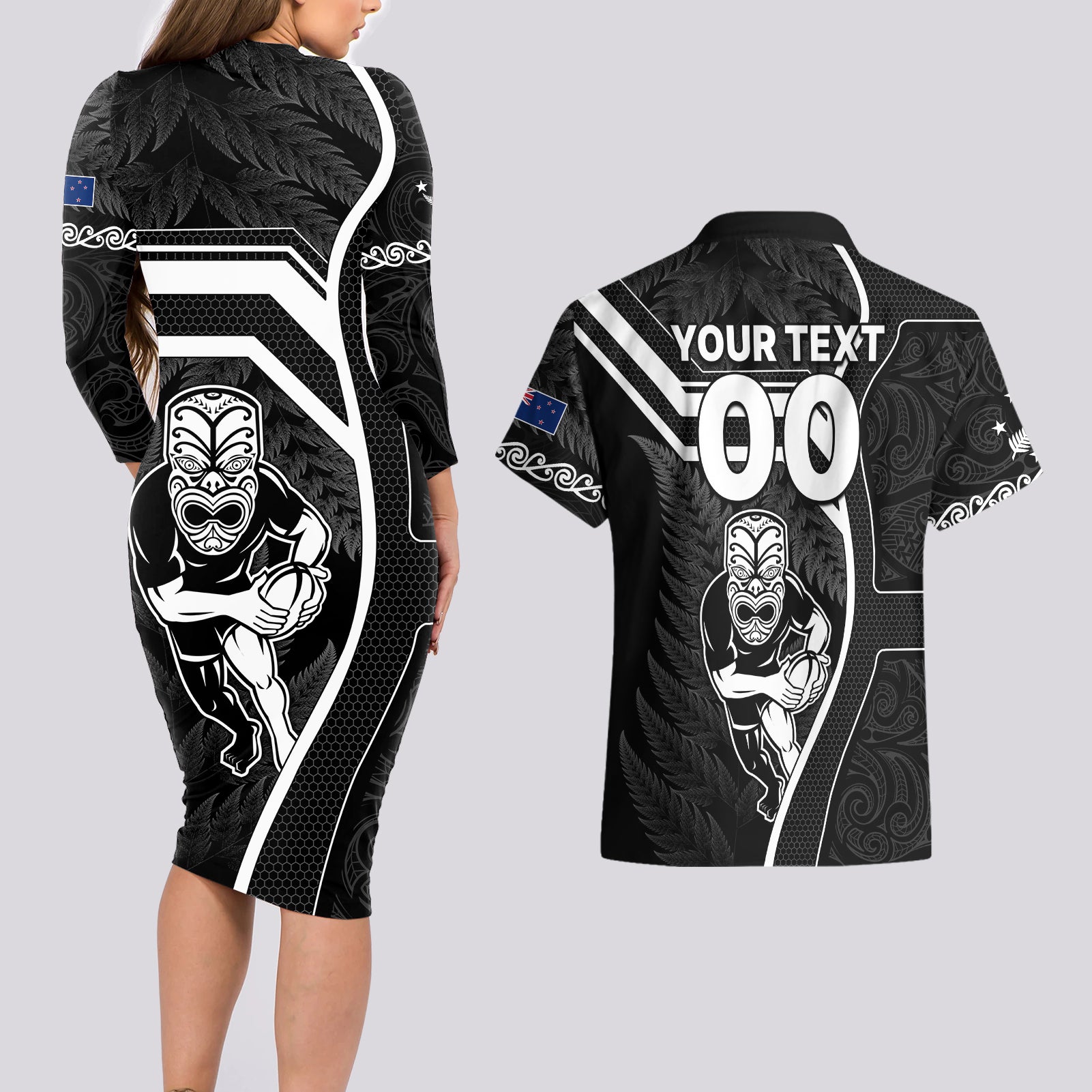 custom-new-zealand-aotearoa-rugby-couples-matching-long-sleeve-bodycon-dress-and-hawaiian-shirt-black-fern-maori-tribal-sporty-style