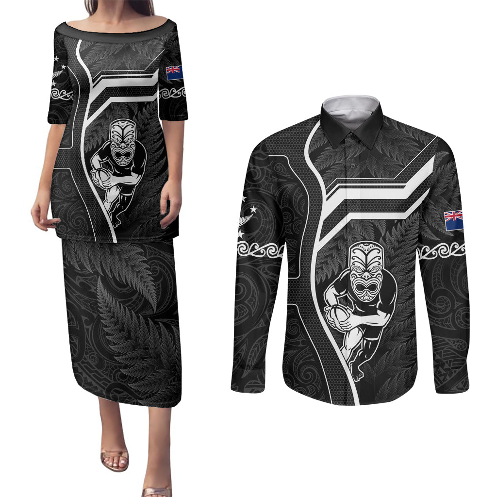 custom-new-zealand-aotearoa-rugby-couples-matching-puletasi-dress-and-long-sleeve-button-shirts-black-fern-maori-tribal-sporty-style