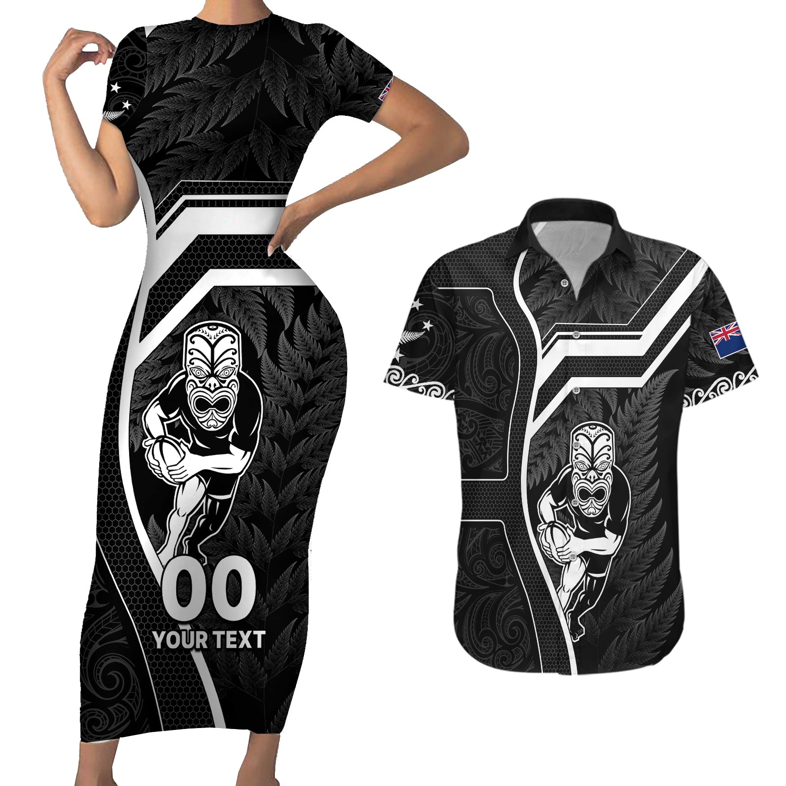 custom-new-zealand-aotearoa-rugby-couples-matching-short-sleeve-bodycon-dress-and-hawaiian-shirt-black-fern-maori-tribal-sporty-style