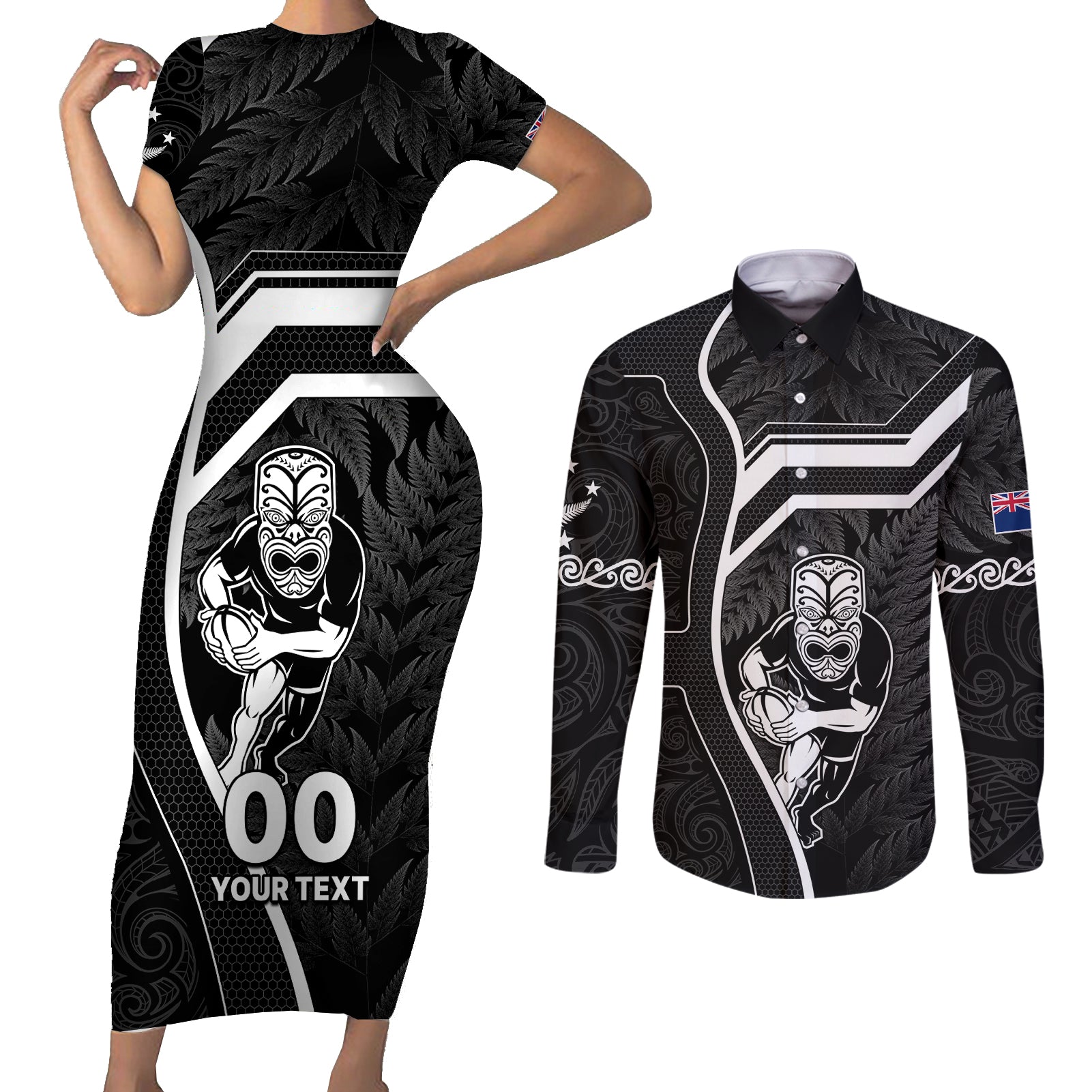 custom-new-zealand-aotearoa-rugby-couples-matching-short-sleeve-bodycon-dress-and-long-sleeve-button-shirts-black-fern-maori-tribal-sporty-style