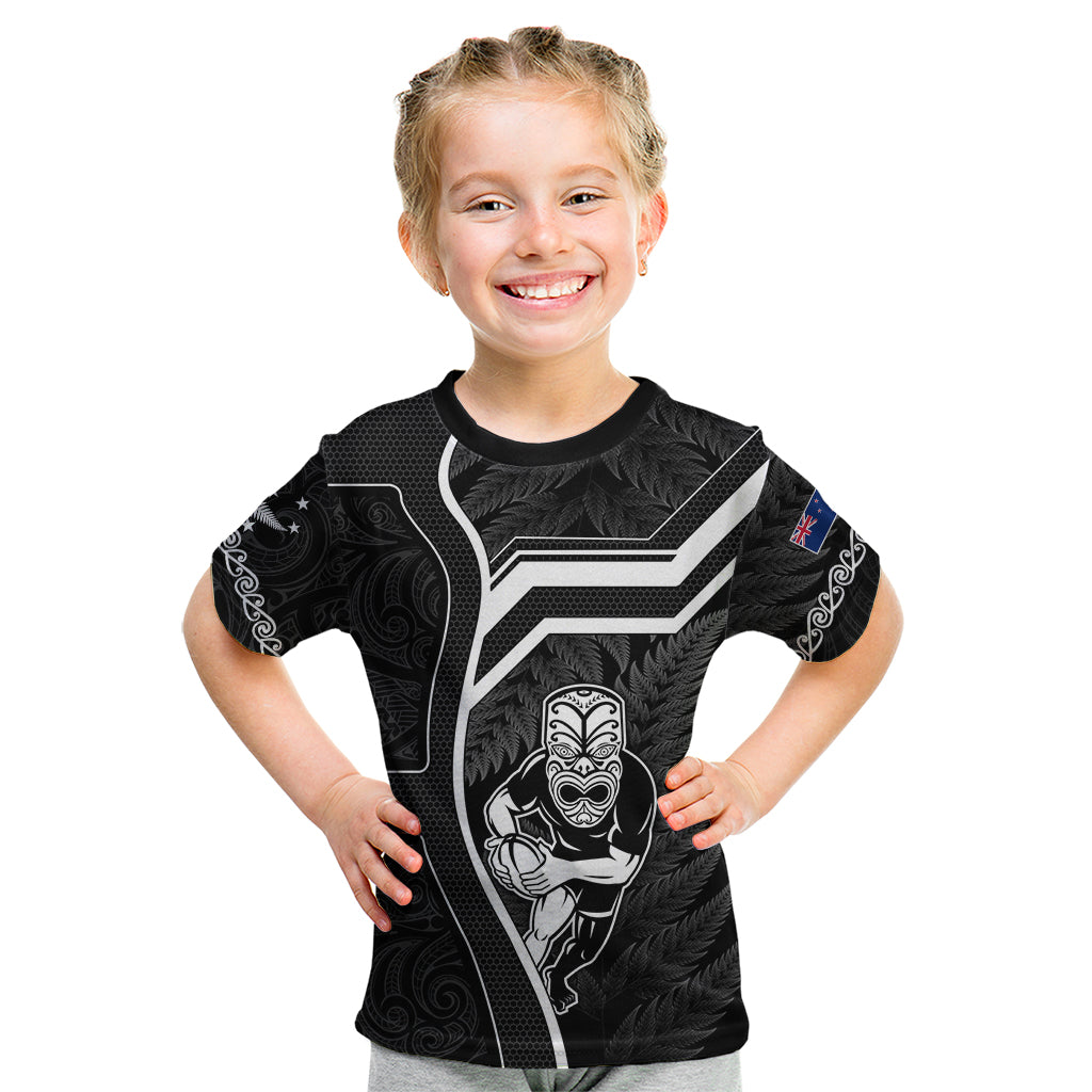 Custom New Zealand Aotearoa Rugby Kid T Shirt Black Fern Maori Tribal Sporty Style - Vibe Hoodie Shop