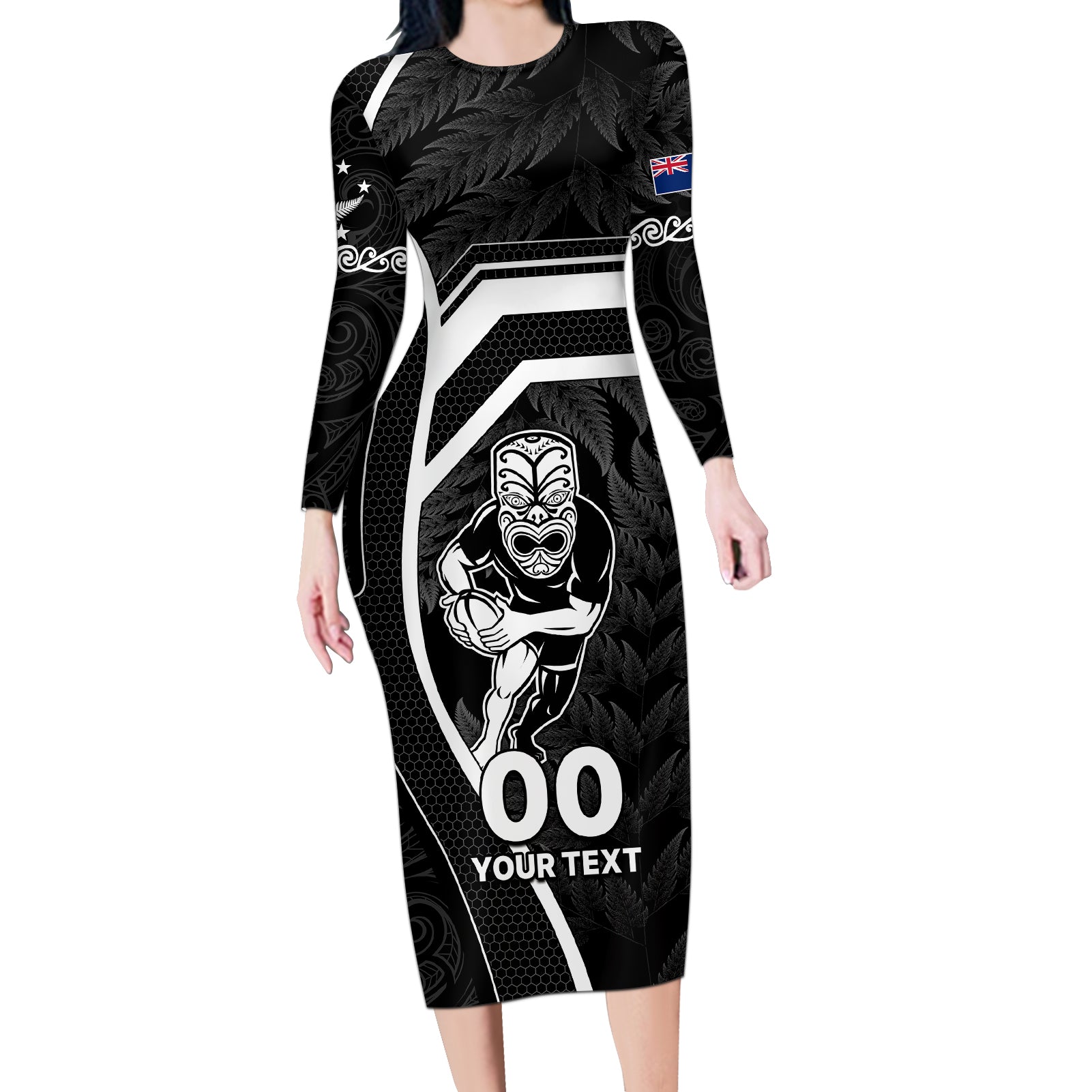 custom-new-zealand-aotearoa-rugby-long-sleeve-bodycon-dress-black-fern-maori-tribal-sporty-style