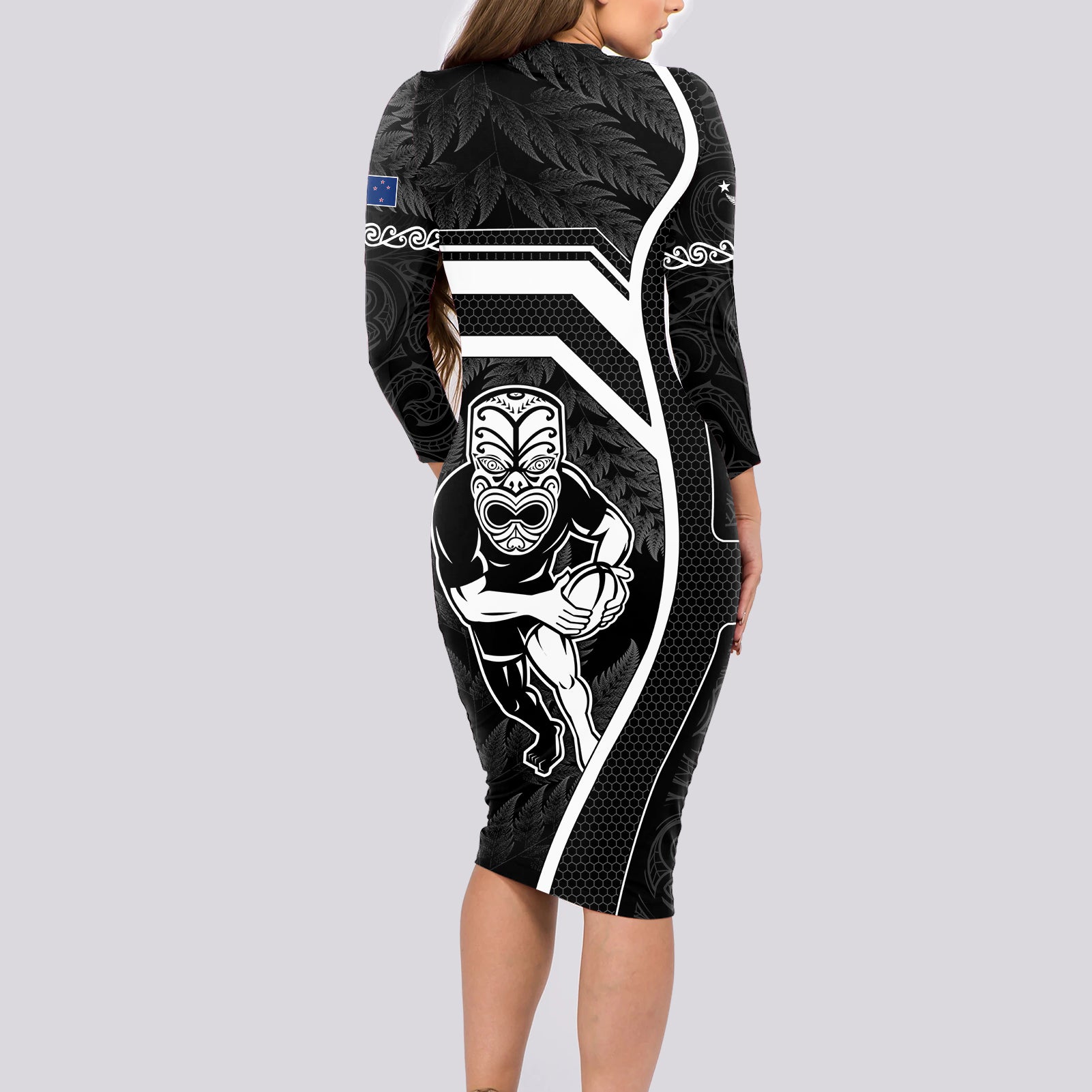 custom-new-zealand-aotearoa-rugby-long-sleeve-bodycon-dress-black-fern-maori-tribal-sporty-style